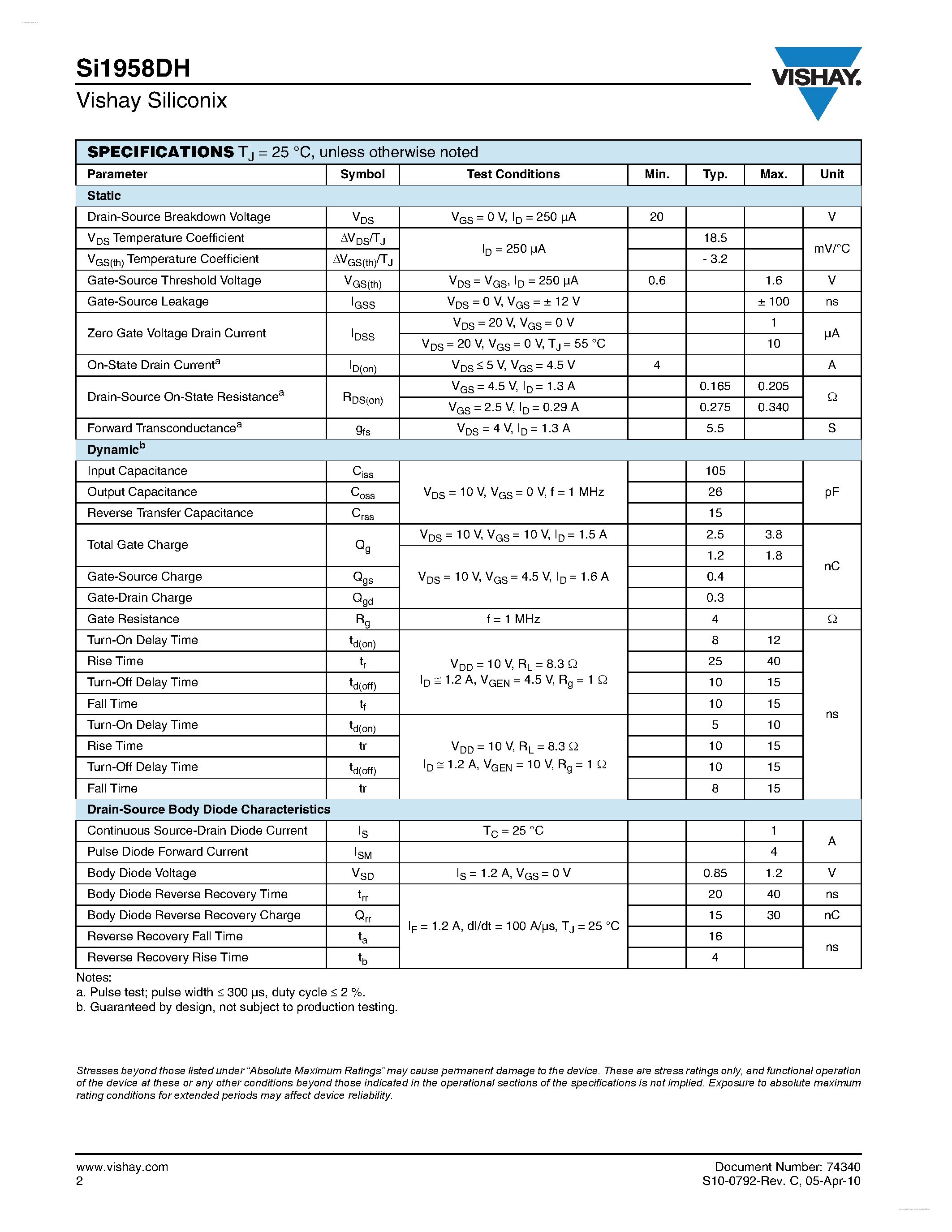 Datasheet SI1958DH - Dual N-Channel 20 V (D-S) MOSFET page 2