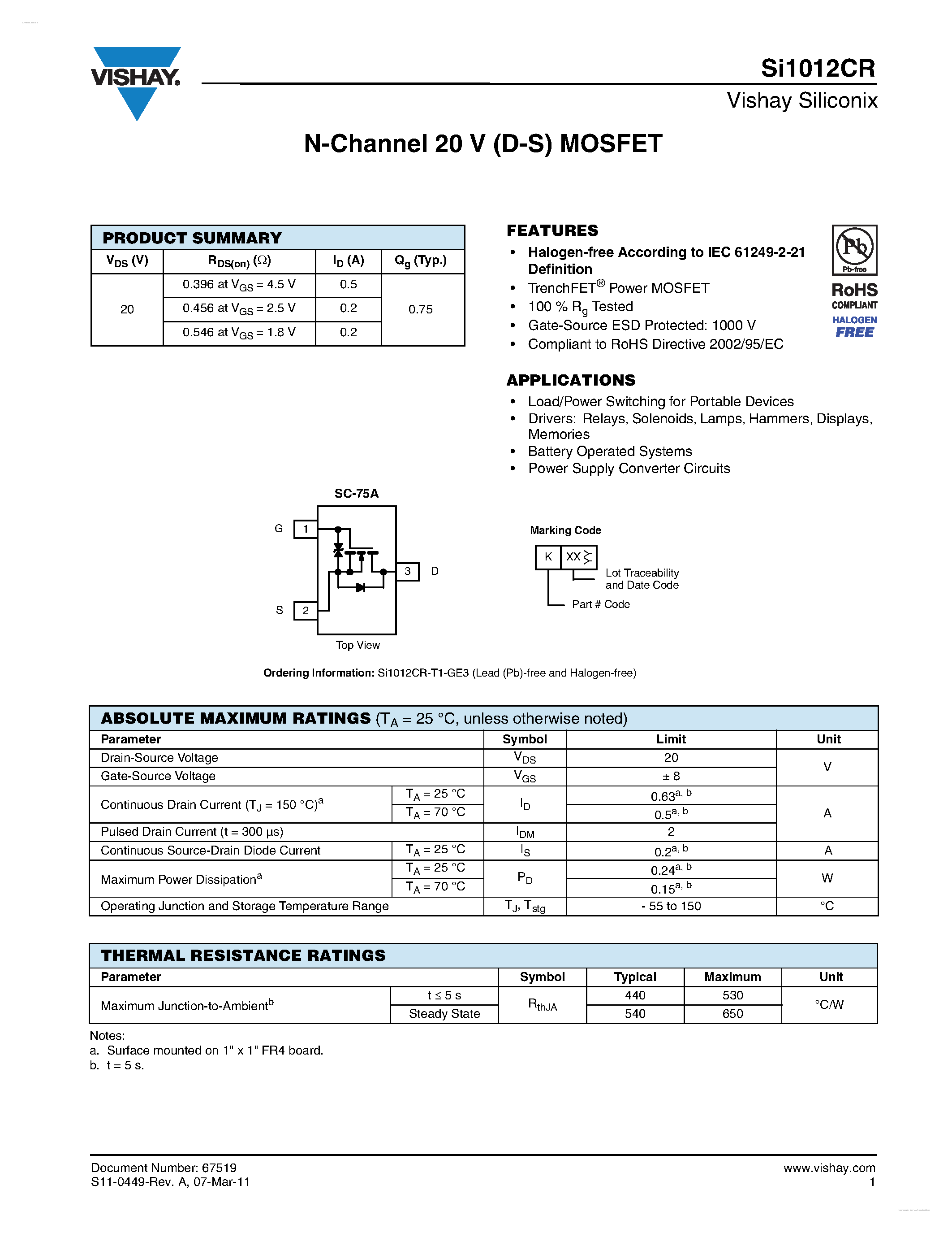 Datasheet SI1012CR - N-Channel 20 V (D-S) MOSFET page 1