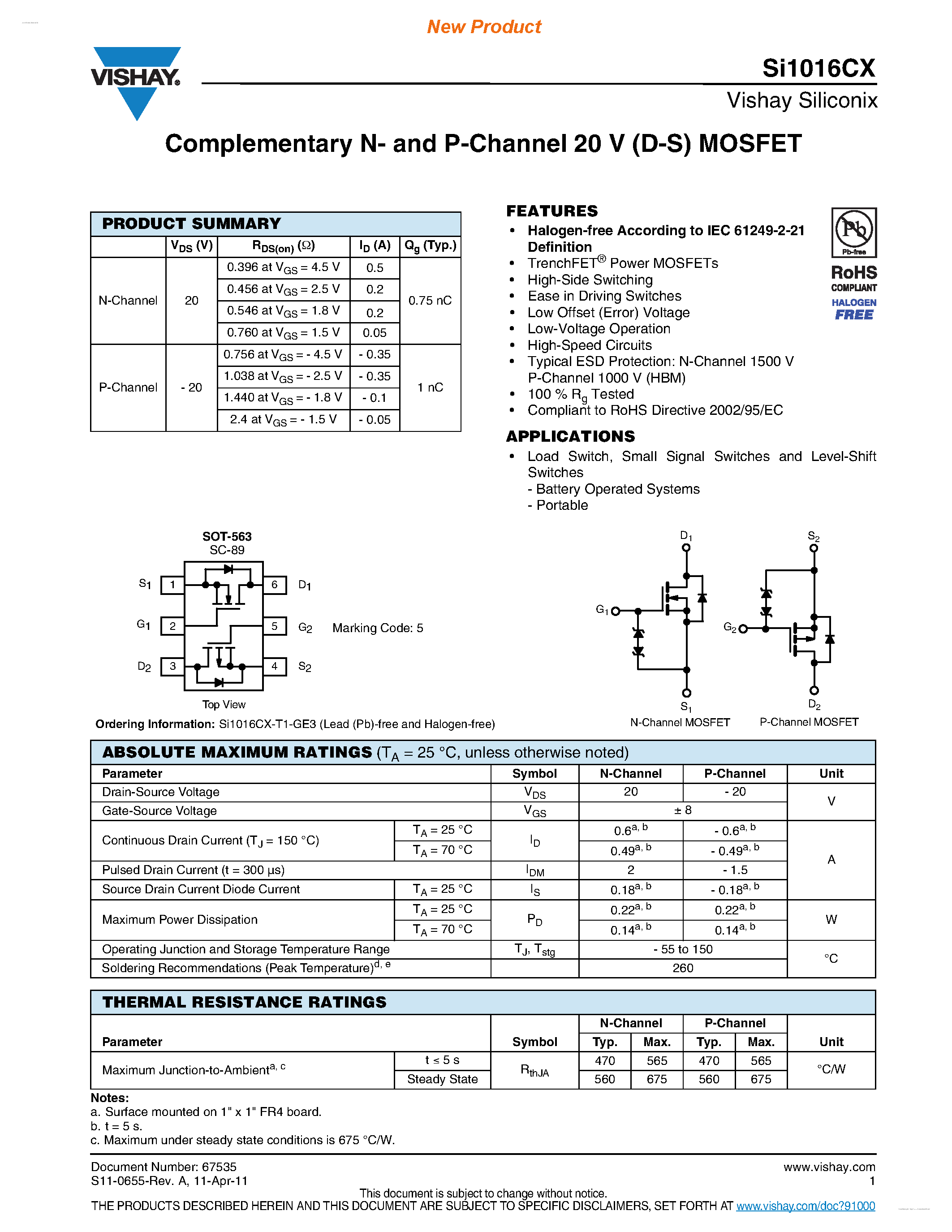 Datasheet SI1016CX - Complementary N- and P-Channel 20 V (D-S) MOSFET page 1
