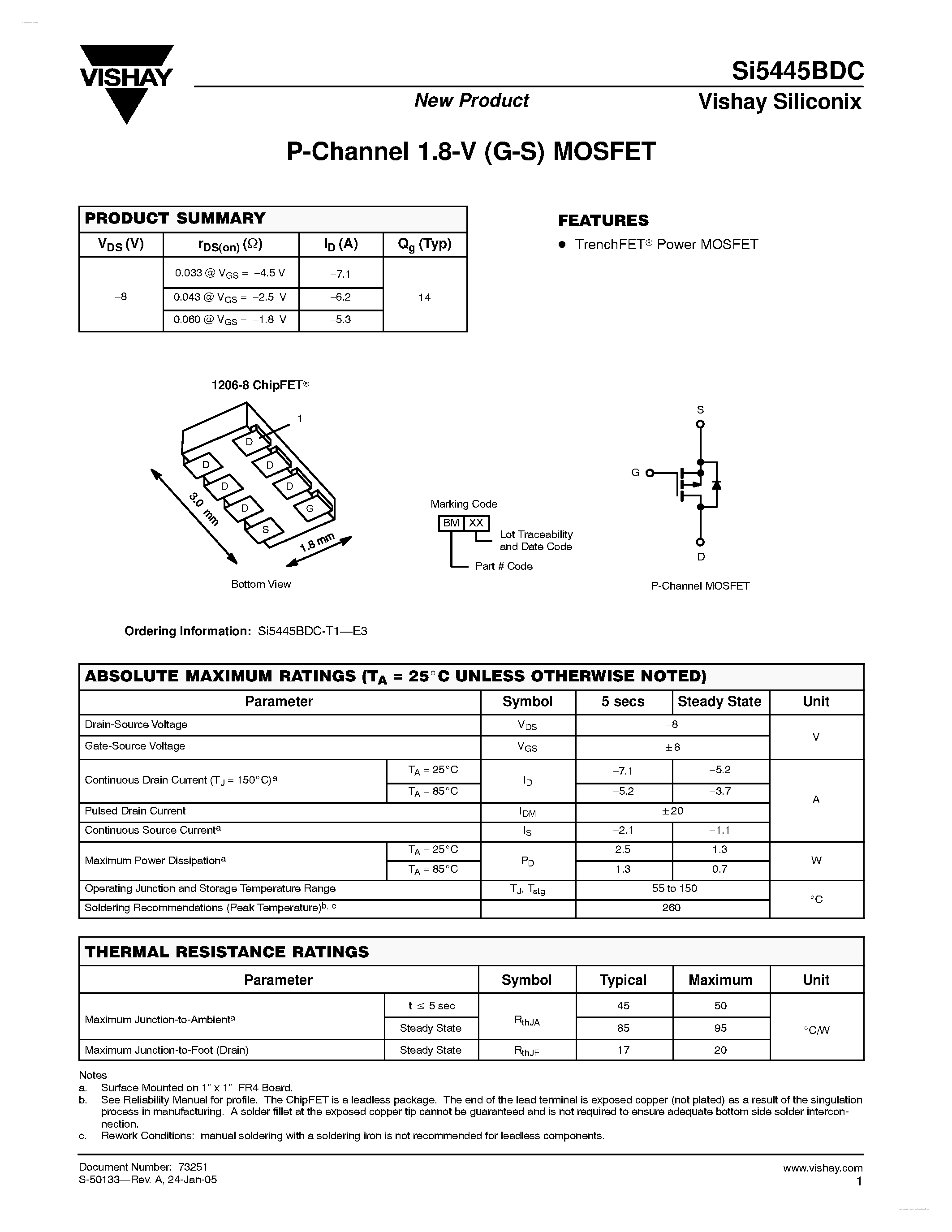 Datasheet SI5445BDC - P-Channel 1.8-V (G-S) MOSFET page 1