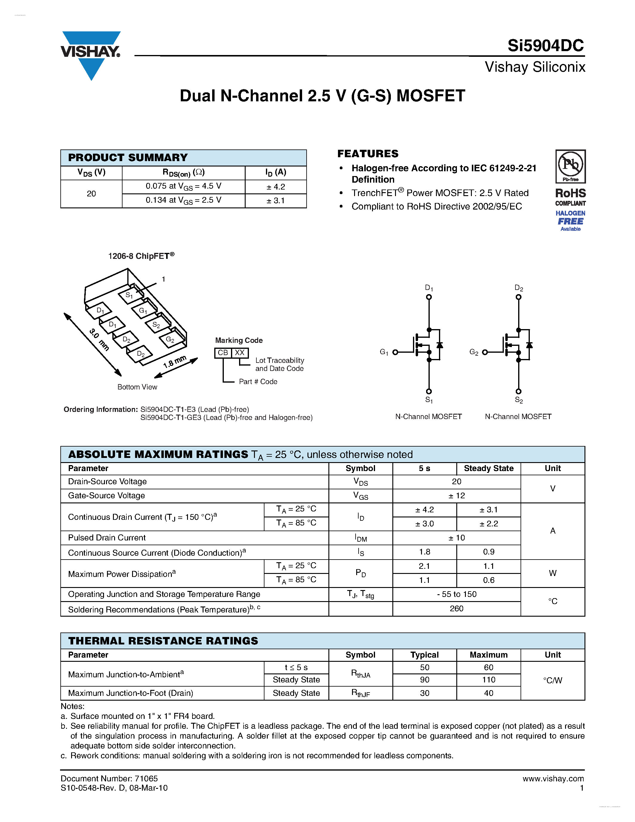 Datasheet SI5904DC - Dual N-Channel 2.5 V (G-S) MOSFET page 1