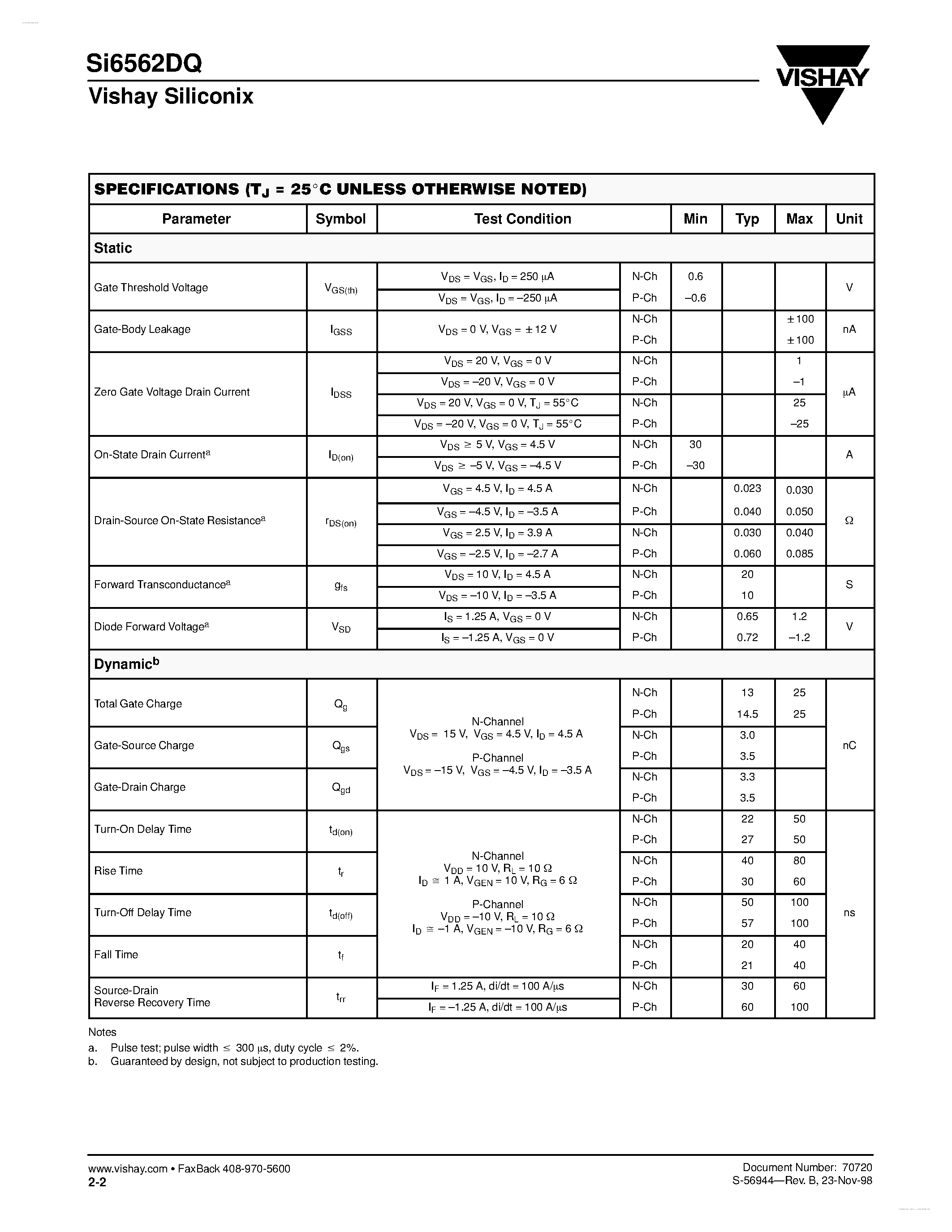 Datasheet SI6562DQ - N- and P-Channel 2.5-V (G-S) MOSFET page 2