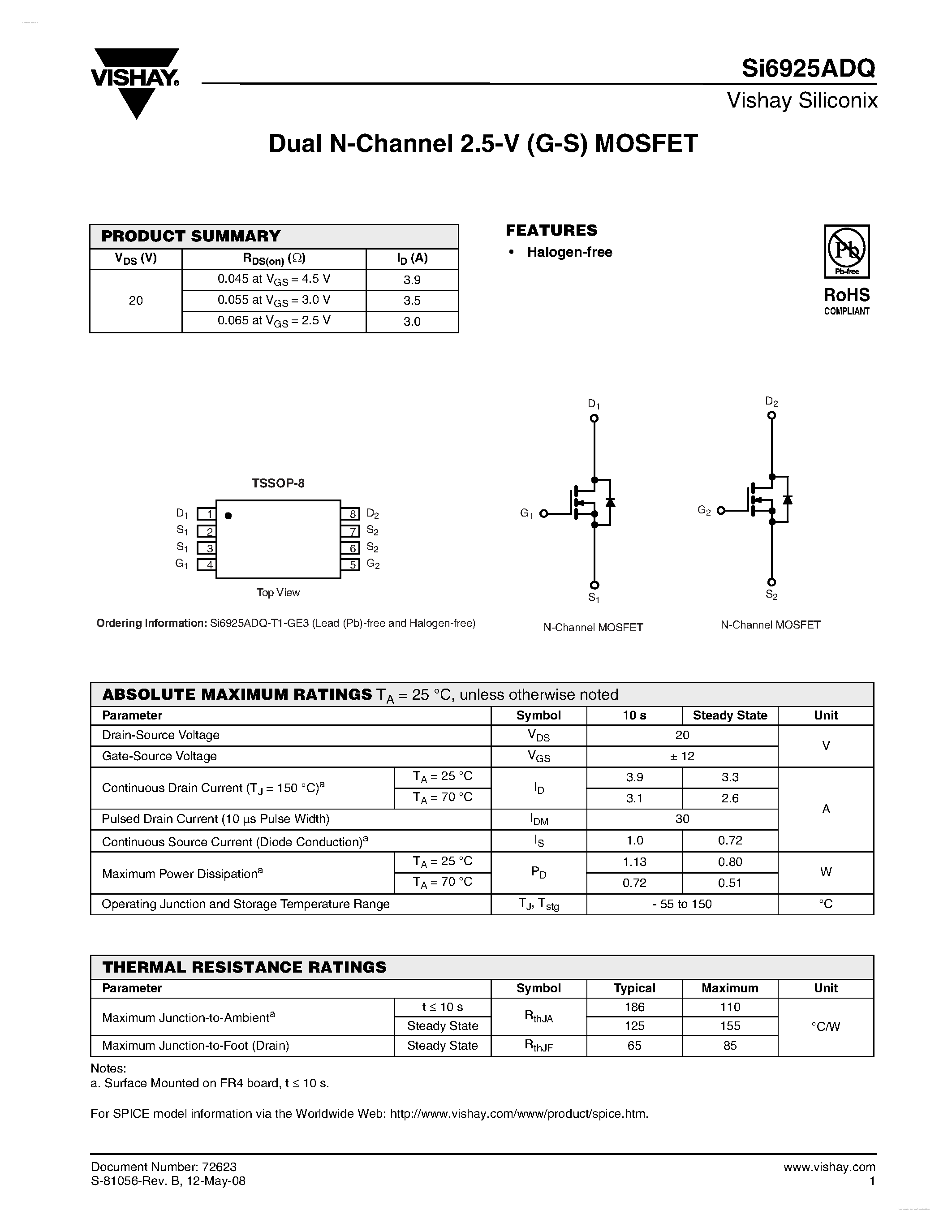 Datasheet SI6925ADQ - Dual N-Channel 2.5-V (G-S) MOSFET page 1