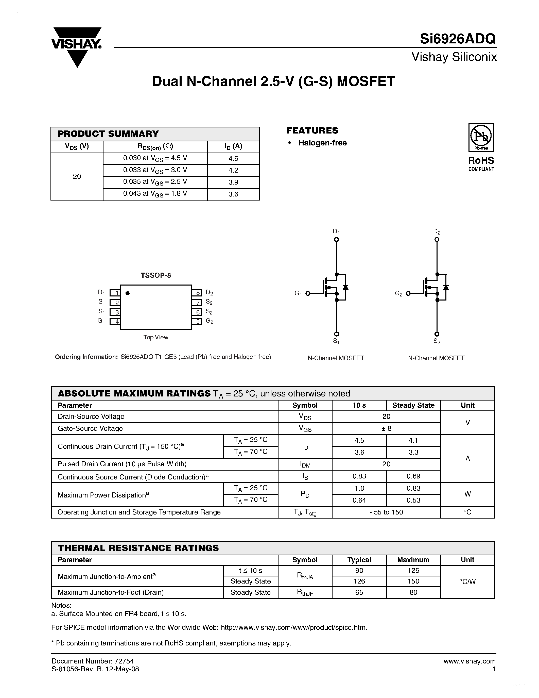 Datasheet SI6926ADQ - Dual N-Channel 2.5-V (G-S) MOSFET page 1