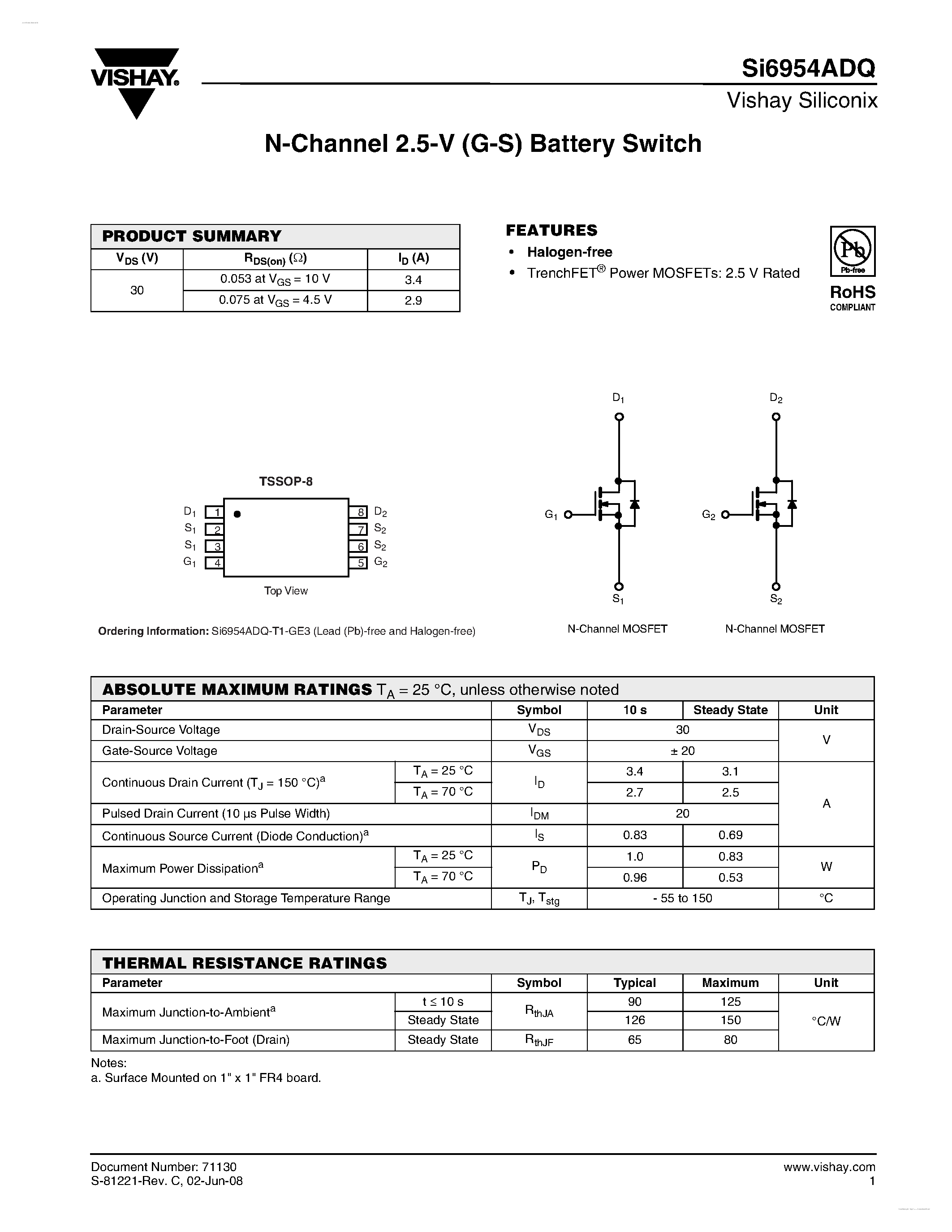 Даташит SI6954ADQ - N-Channel 2.5-V (G-S) Battery Switch страница 1