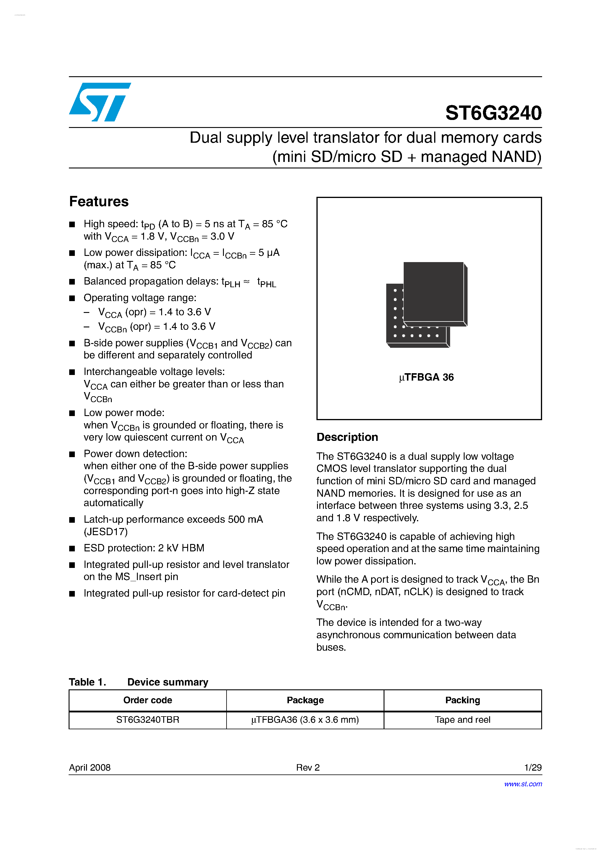 Даташит ST6G3240 - Dual supply level translator страница 1