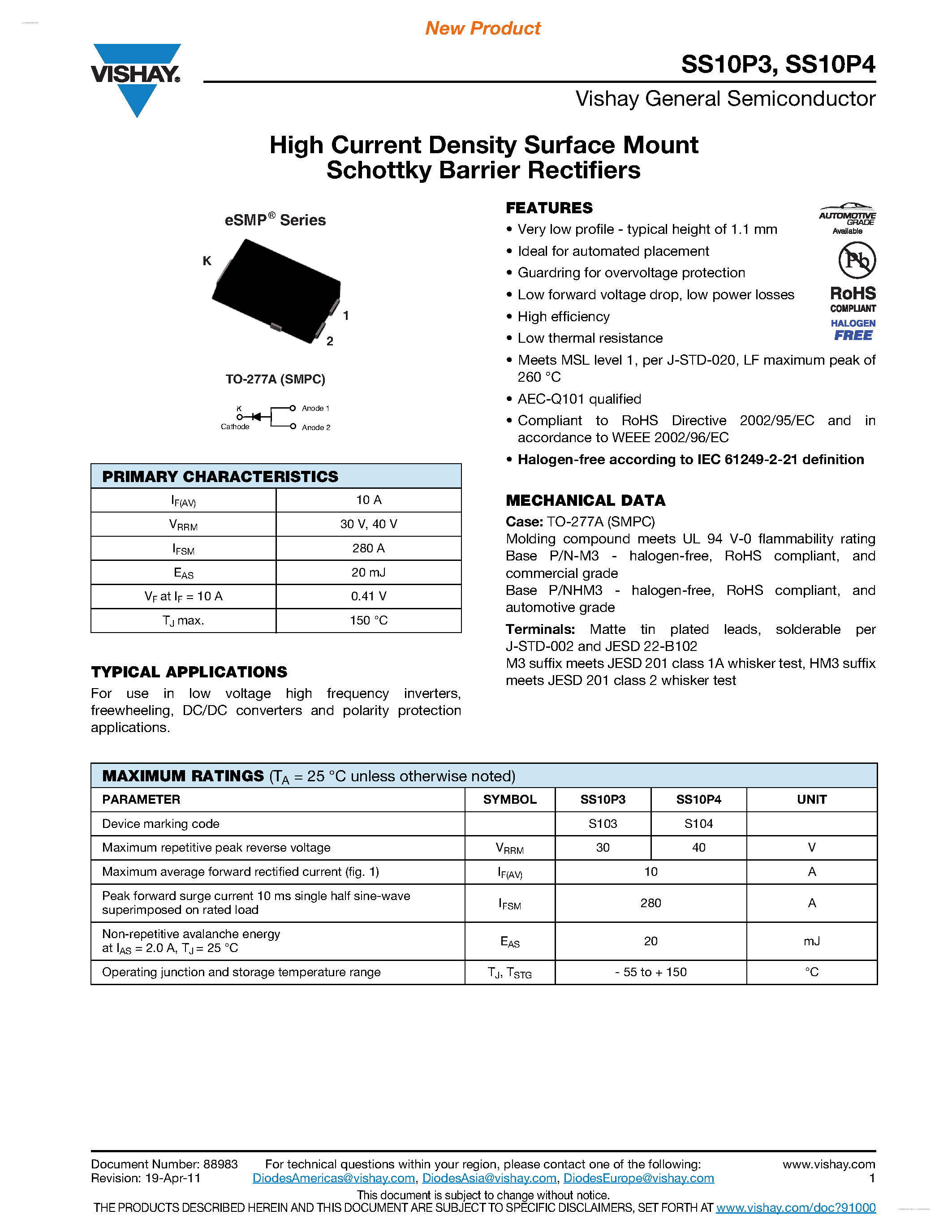 Даташит SS10P3 - (SS10P3 / SS10P4) High Current Density Surface Mount Schottky Barrier Rectifiers страница 1