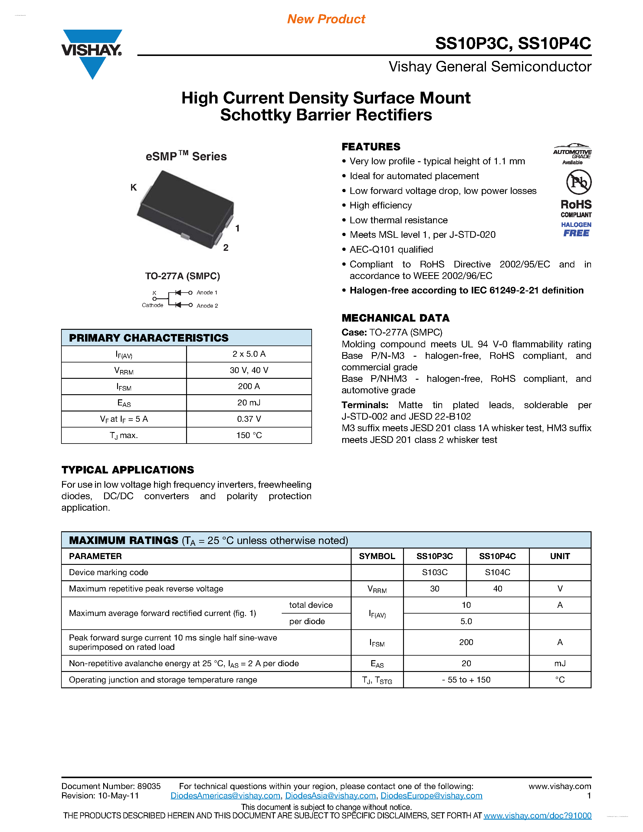 Datasheet SS10P3C - (SS10P3C / SS10P4C) High Current Density Surface Mount Schottky Barrier Rectifiers page 1
