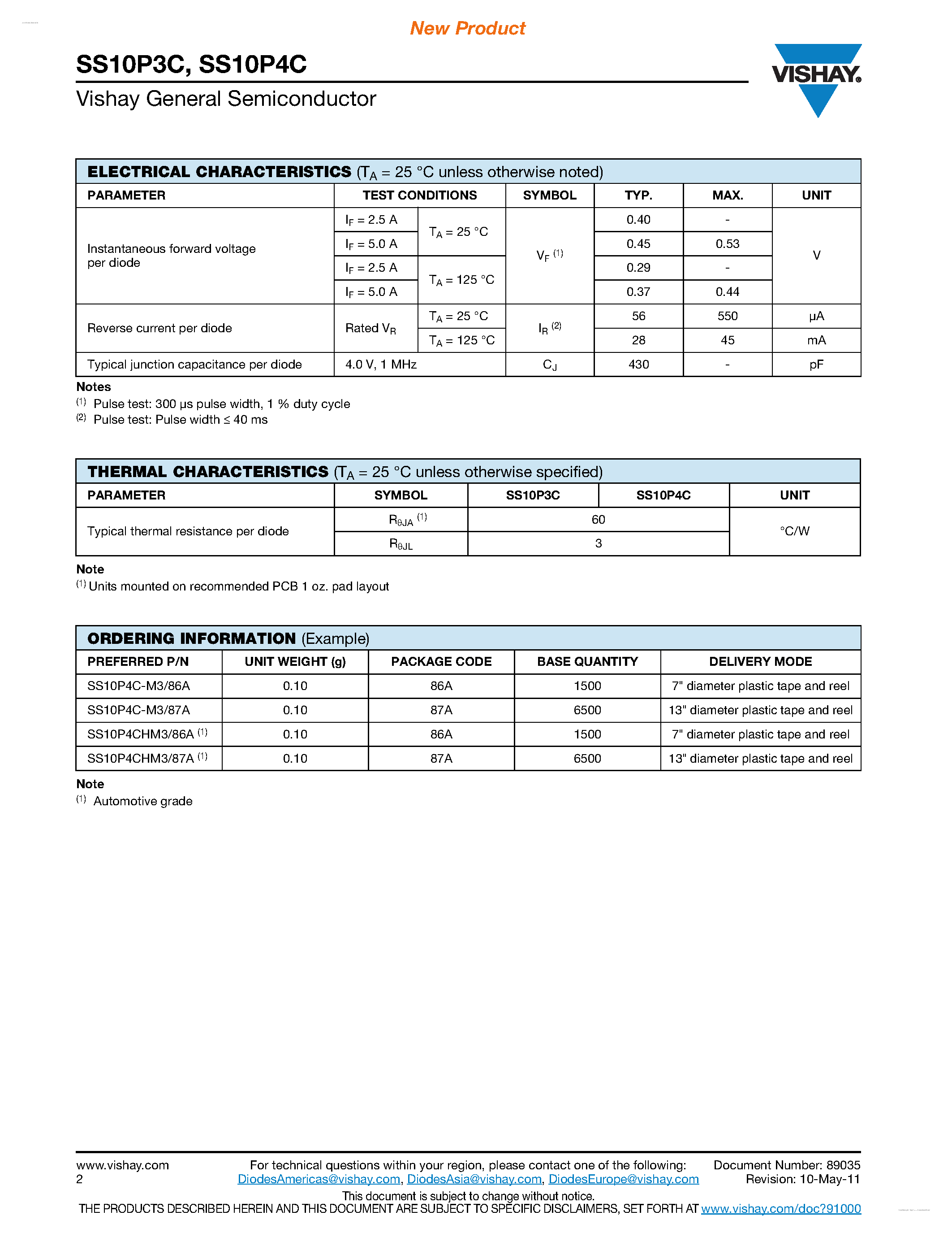Datasheet SS10P3C - (SS10P3C / SS10P4C) High Current Density Surface Mount Schottky Barrier Rectifiers page 2