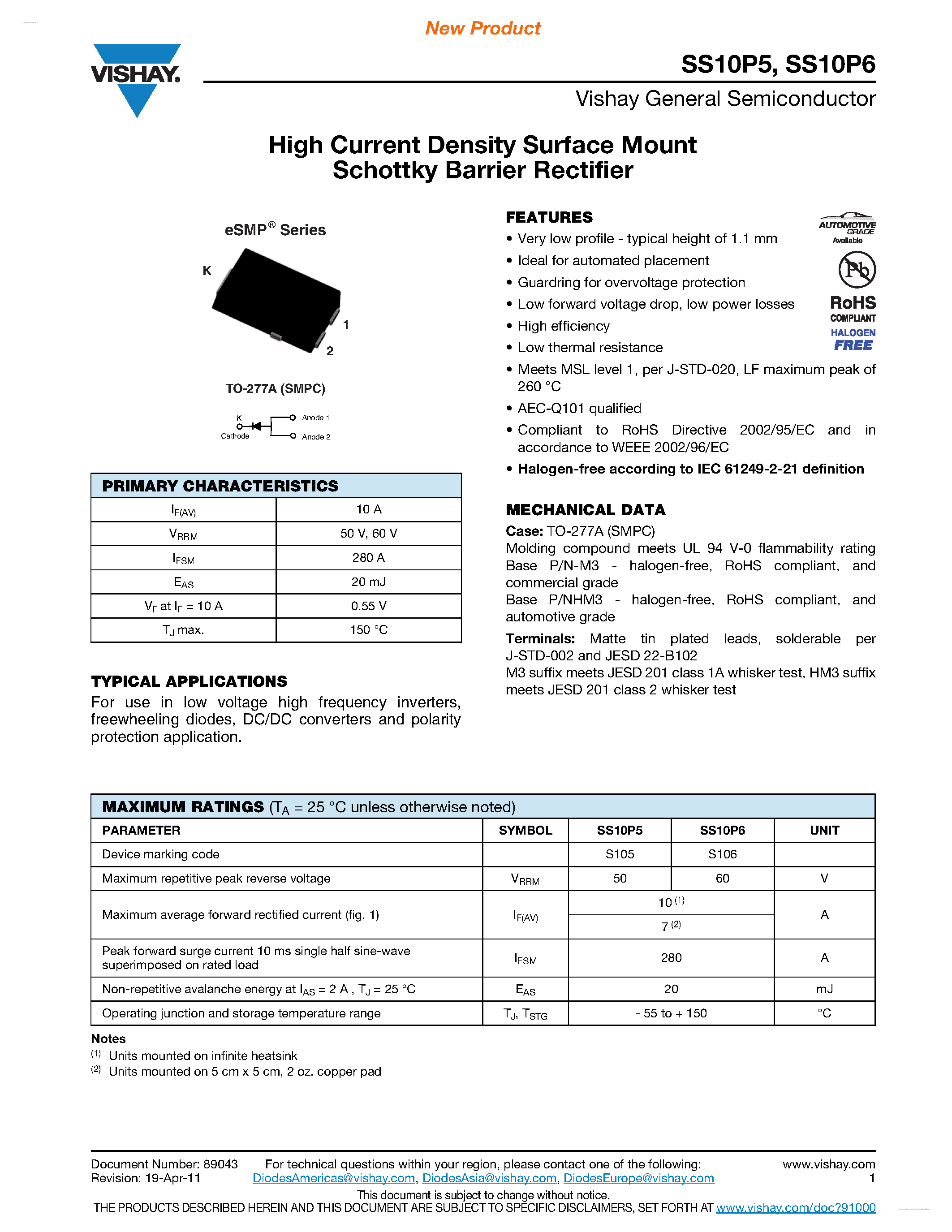 Даташит SS10P5 - (SS10P5 / SS10P6) High Current Density Surface Mount Schottky Barrier Rectifier страница 1