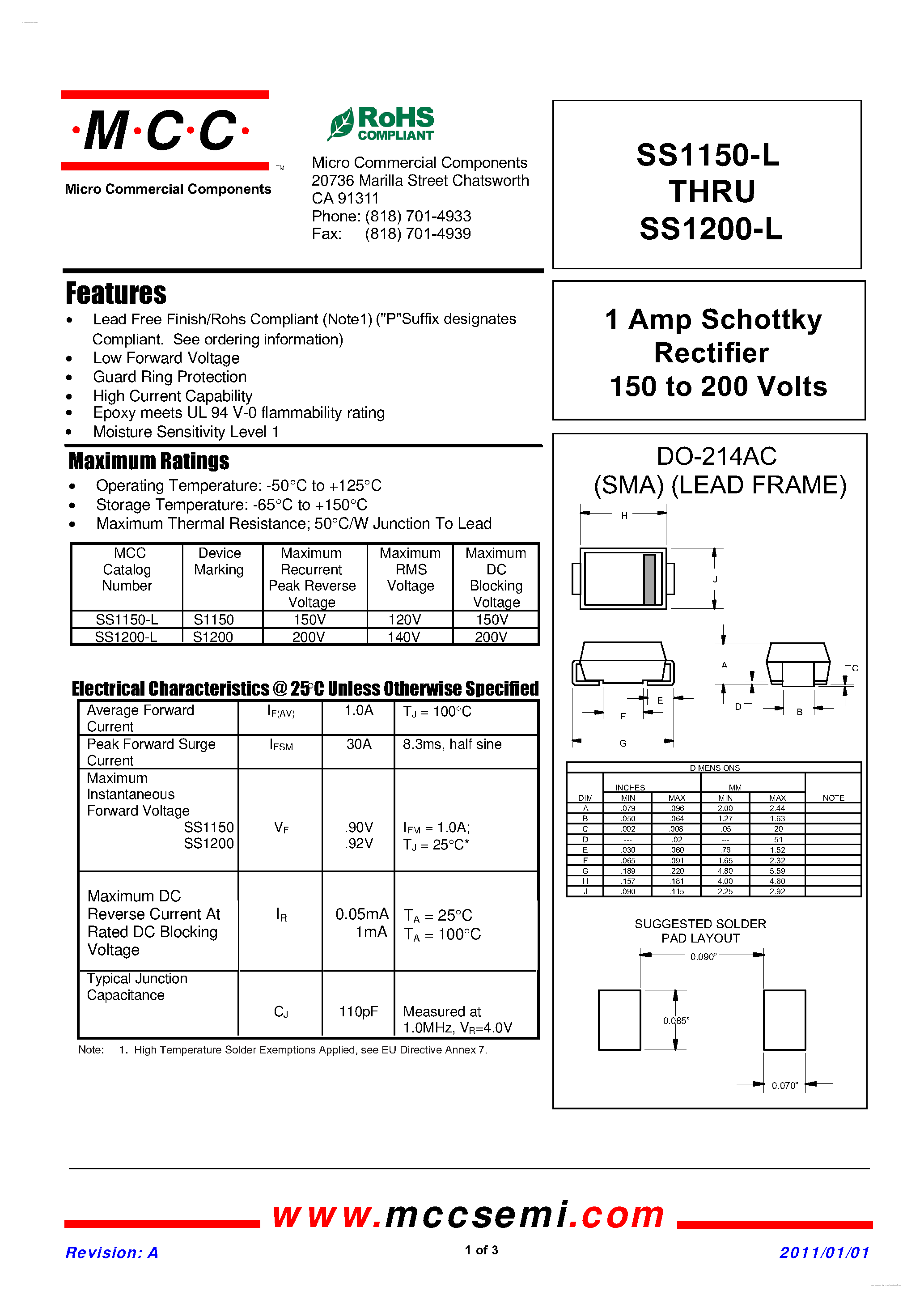 Даташит SS1150-L - (SS1150-L / SS1200-L) 1 Amp Schottky Rectifier страница 1