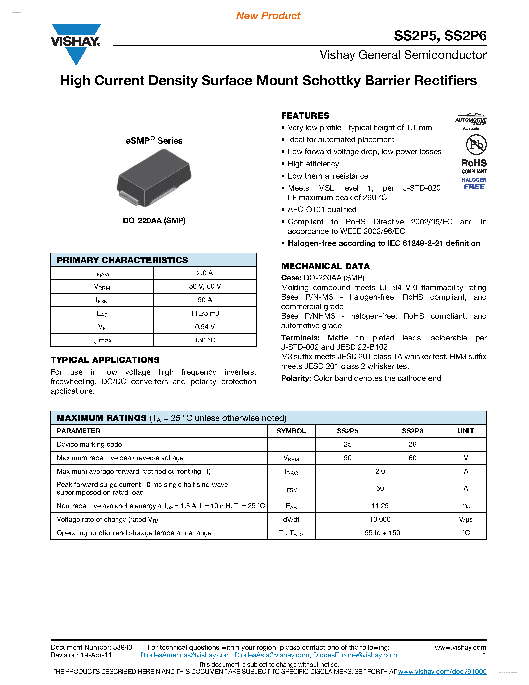 Datasheet SS2P5 - (SS2P5 / SS2P6) High Current Density Surface Mount Schottky Barrier Rectifiers page 1