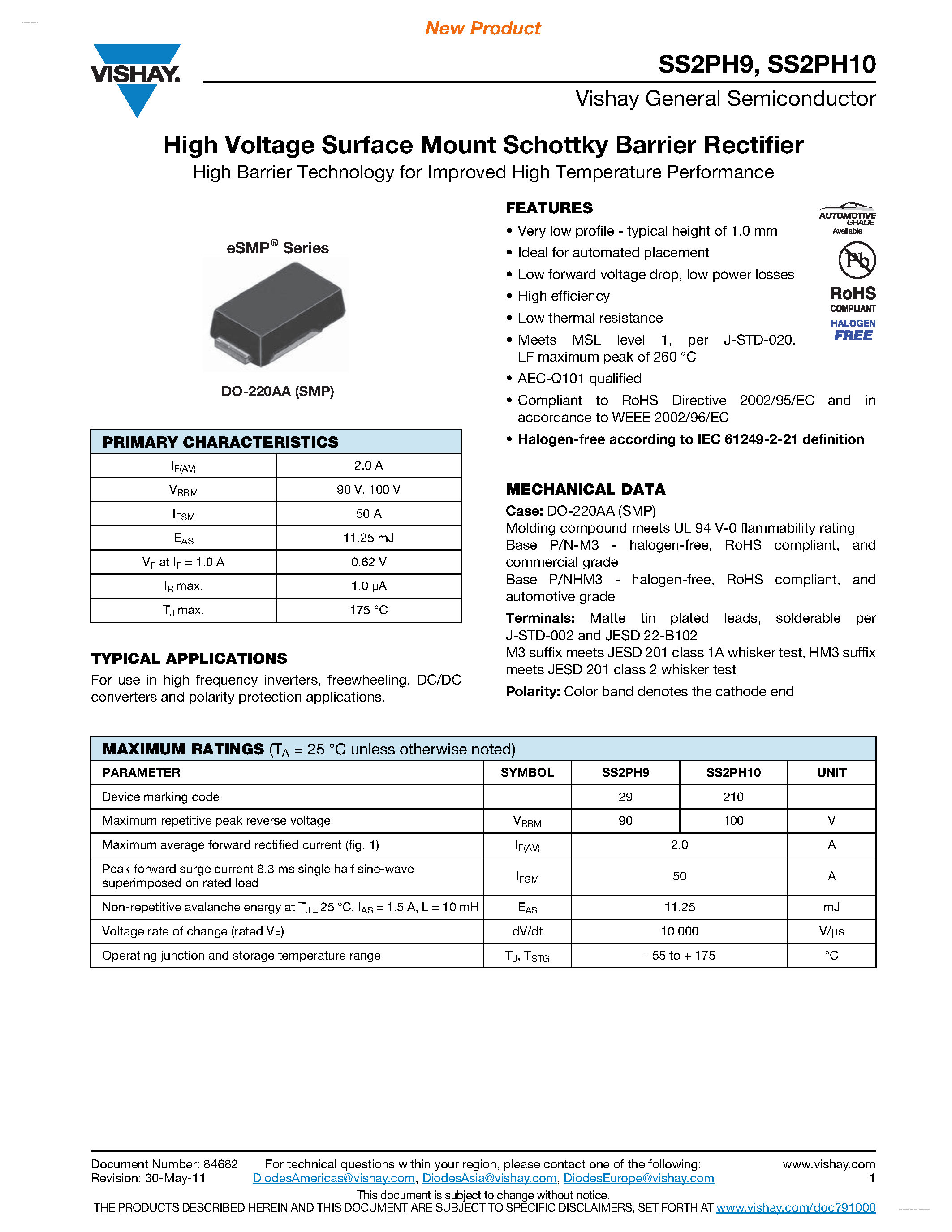 Datasheet SS2PH10 - (SS2PH9 / SS2PH10) High Voltage Surface Mount Schottky Barrier Rectifier page 1