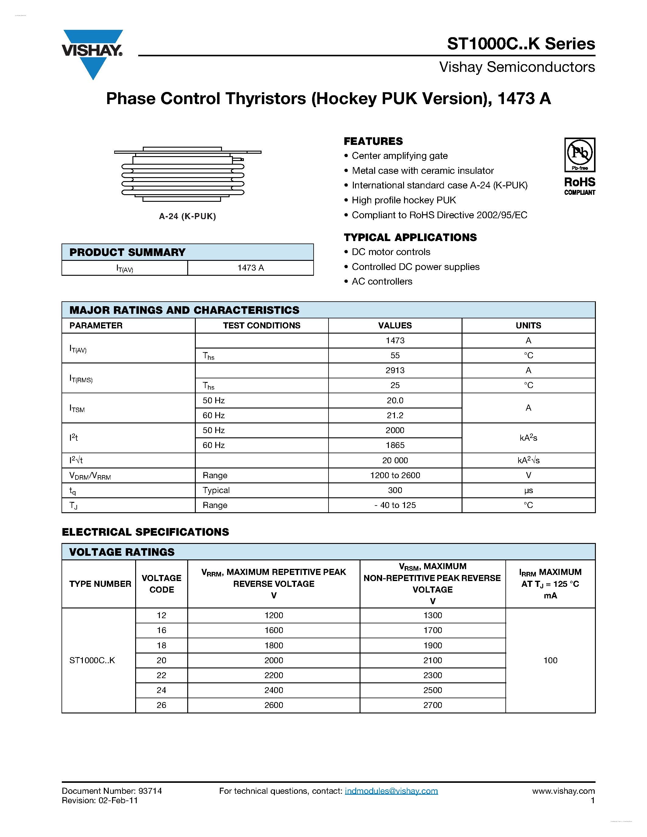 Даташит ST1000C12K - (ST1000CxxK) Phase Control Thyristors страница 1
