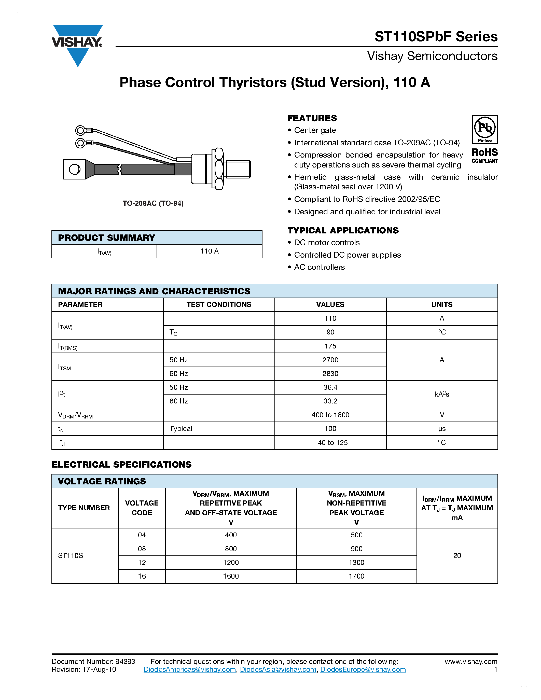 Datasheet ST110S04P0LPBF - Phase Control Thyristors page 1