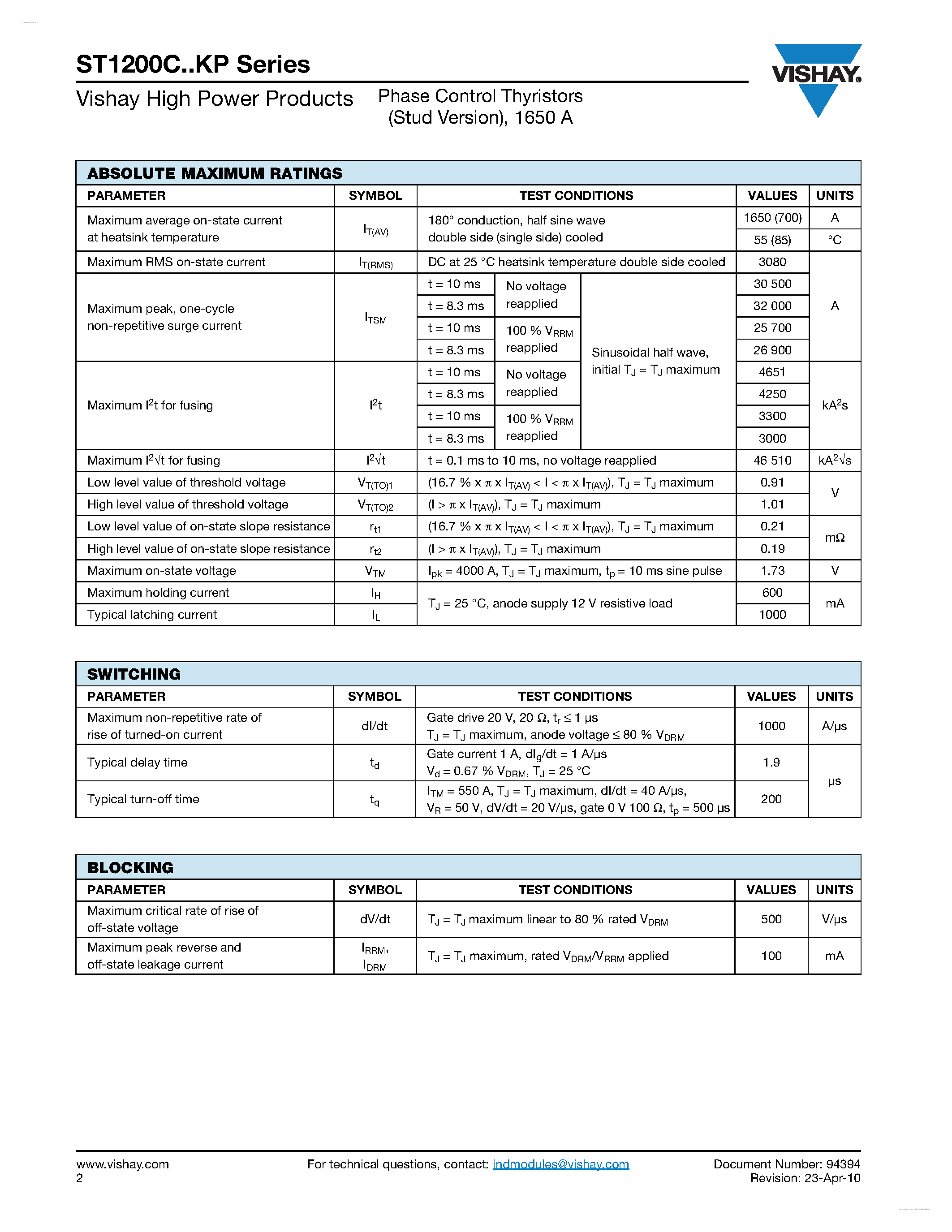 Datasheet ST1200C12K0LP - Phase Control Thyristors page 2