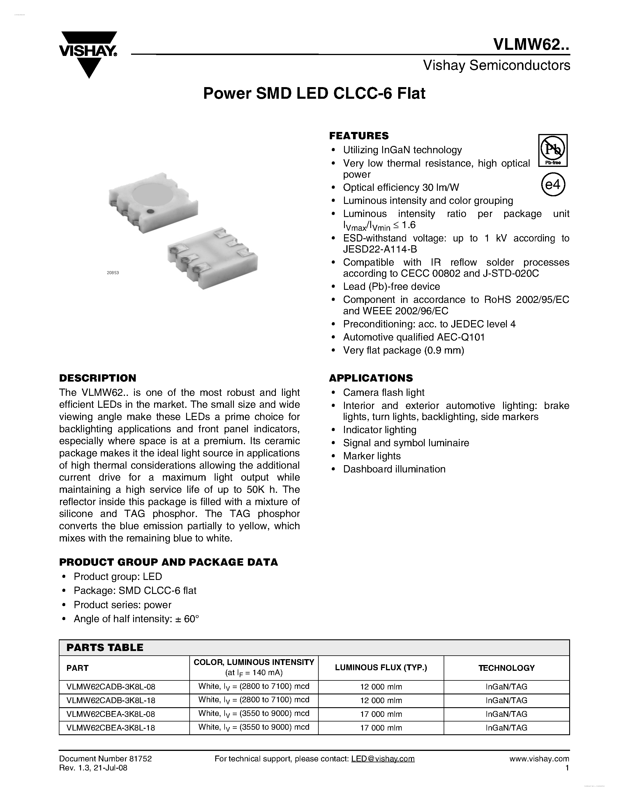 Datasheet VLMW62 - Power SMD LED CLCC-6 Flat page 1