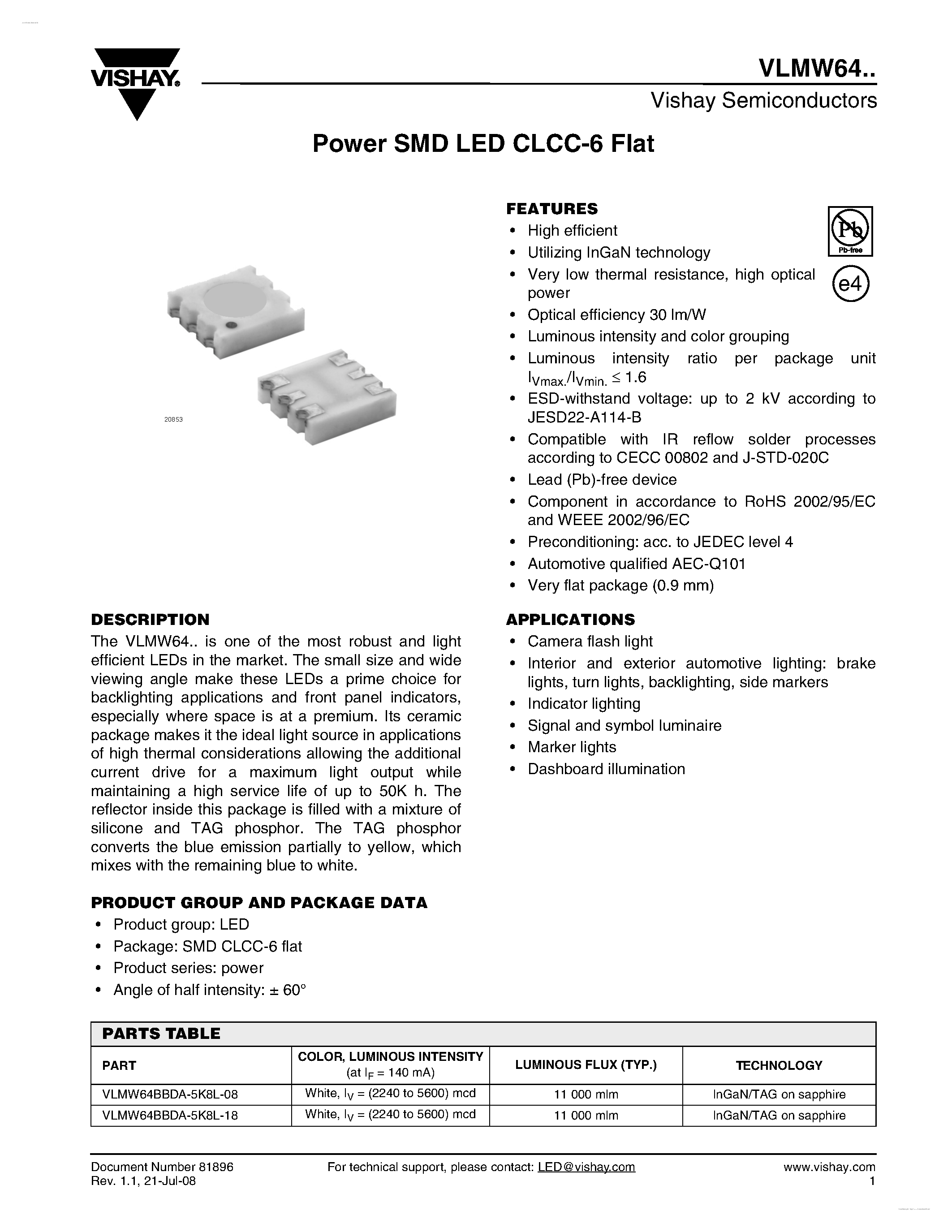 Даташит VLMW64 - Power SMD LED CLCC-6 Flat страница 1