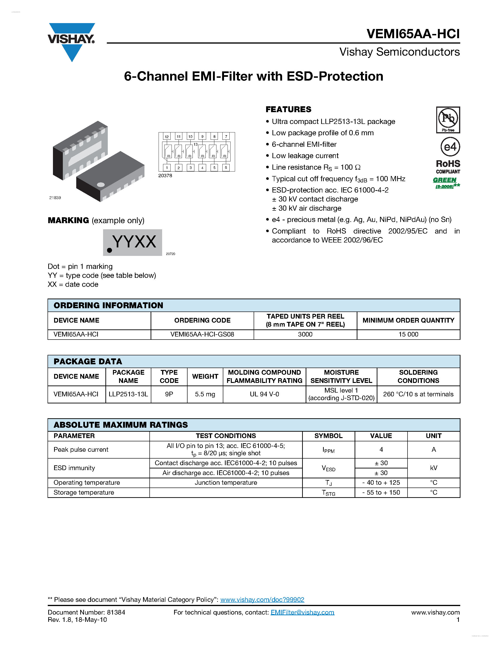 Datasheet VEMI65AA-HCI - 6-Channel EMI-Filter page 1
