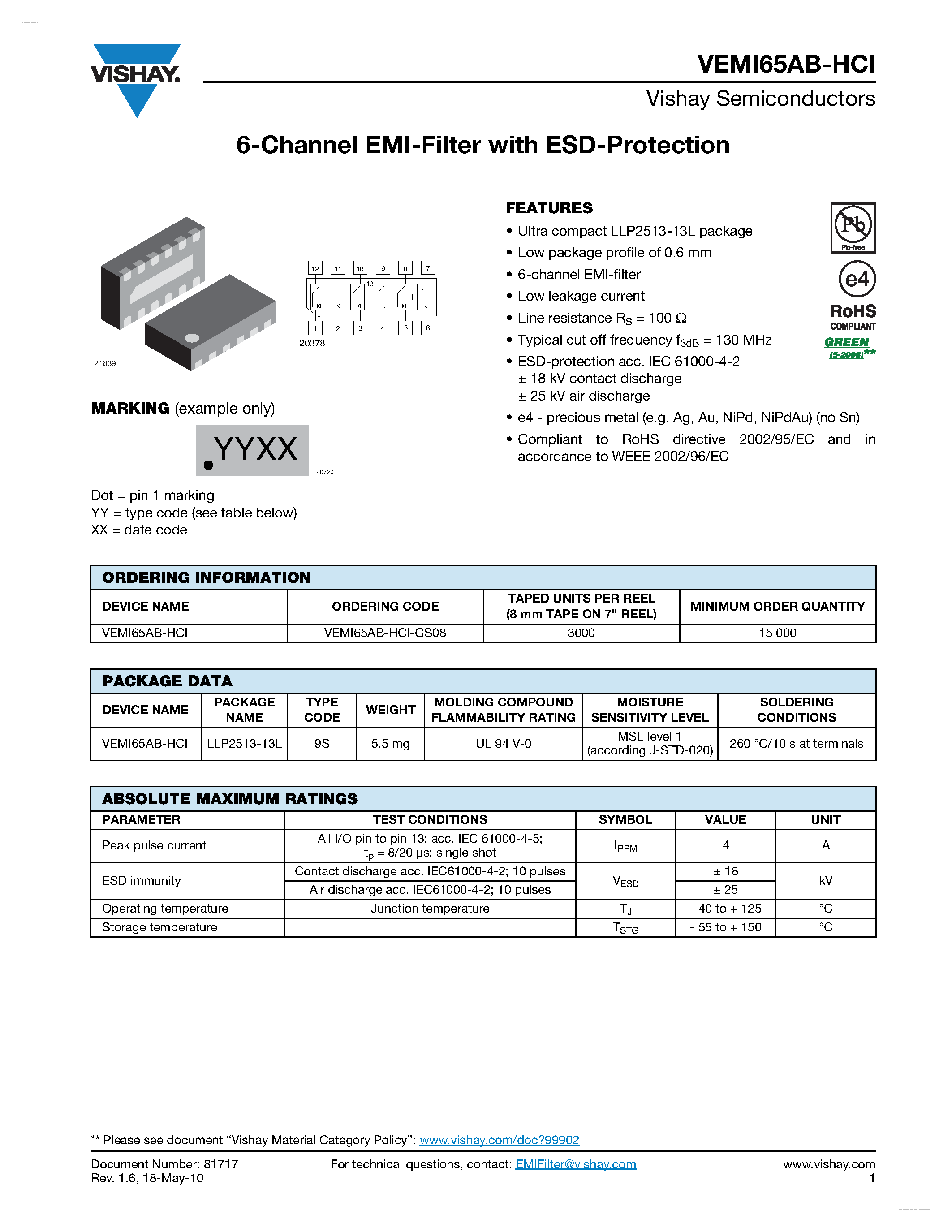 Datasheet VEMI65AB-HCI - 6-Channel EMI-Filter page 1