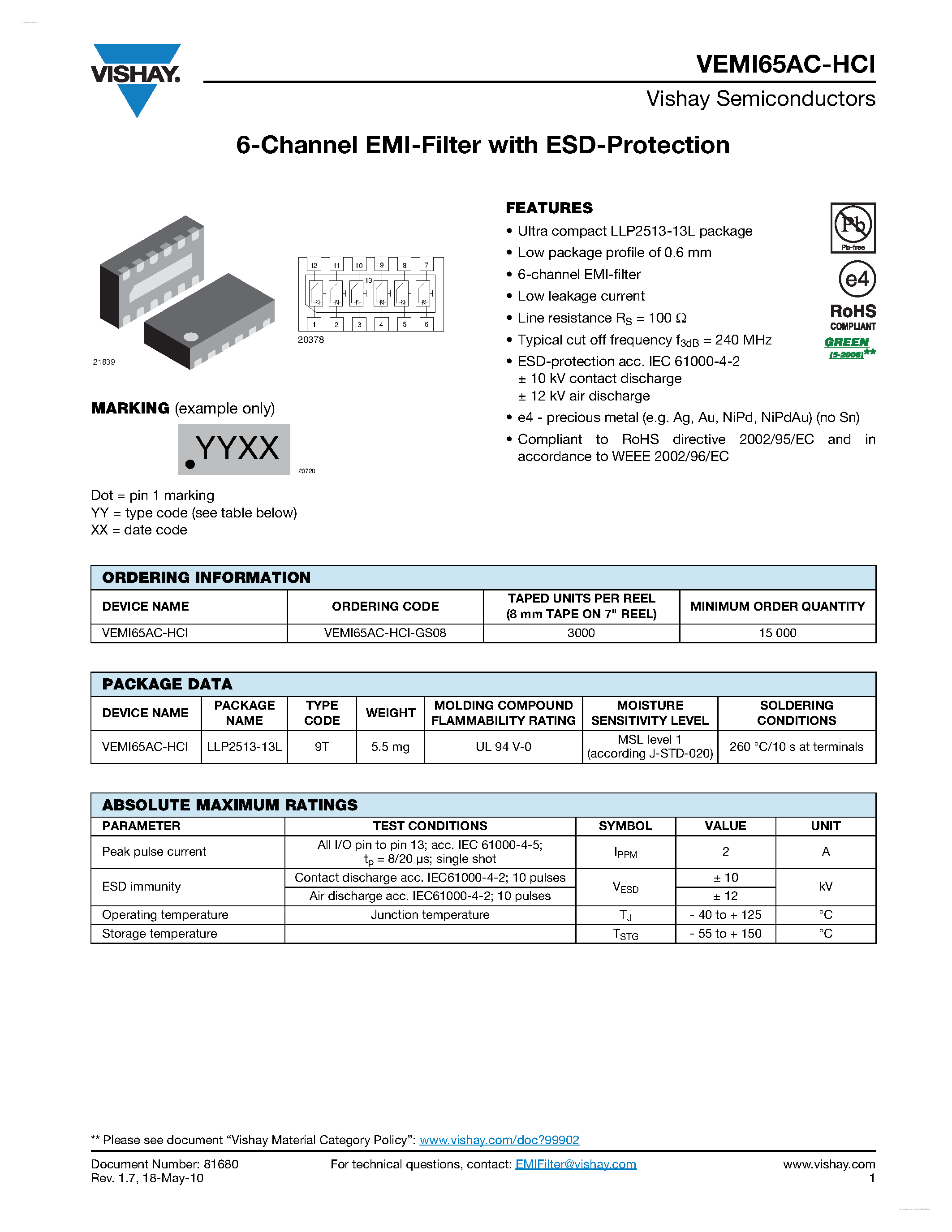 Даташит VEMI65AC-HCI - 6-Channel EMI-Filter страница 1