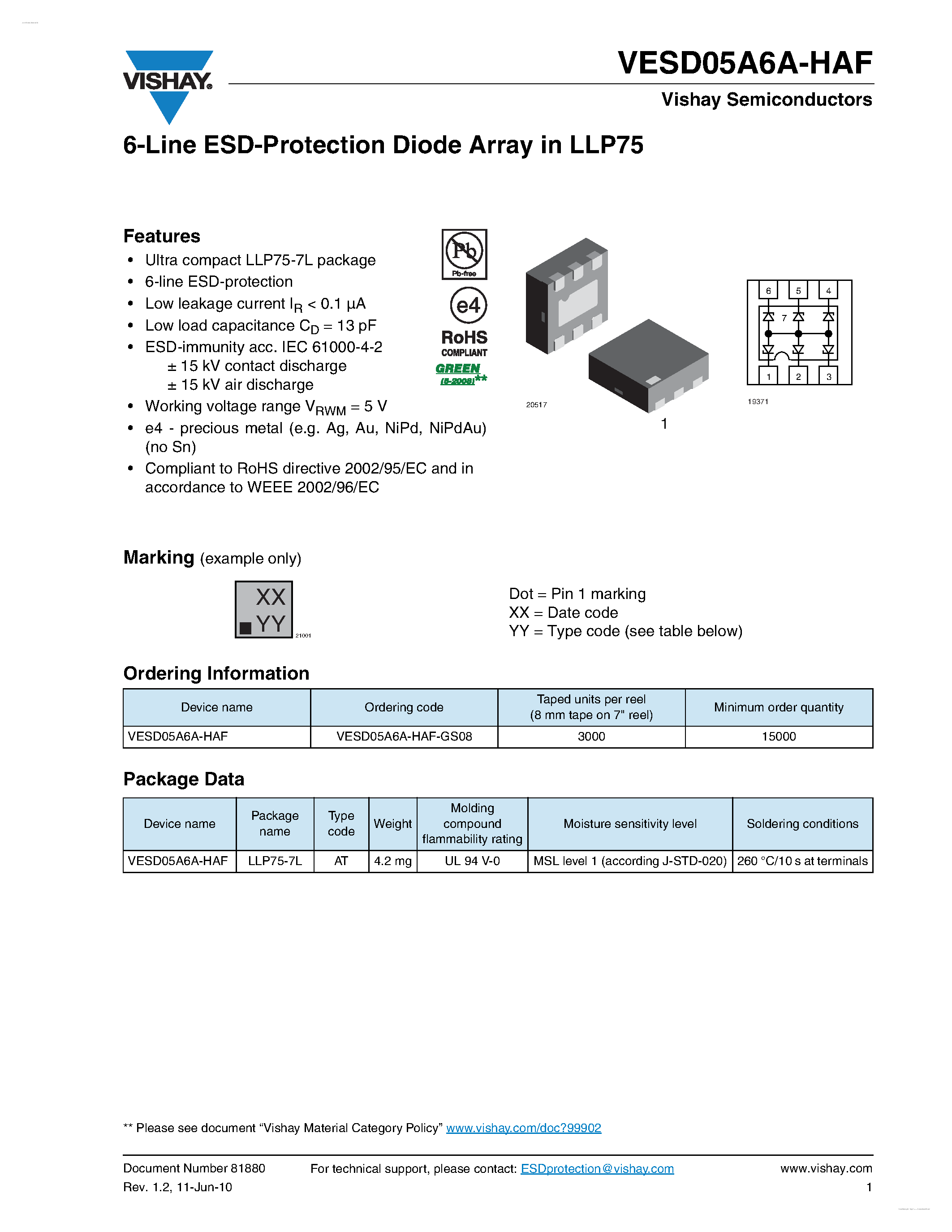 Даташит VESD05A6A-HAF - 6-Line ESD-Protection Diode Array страница 1