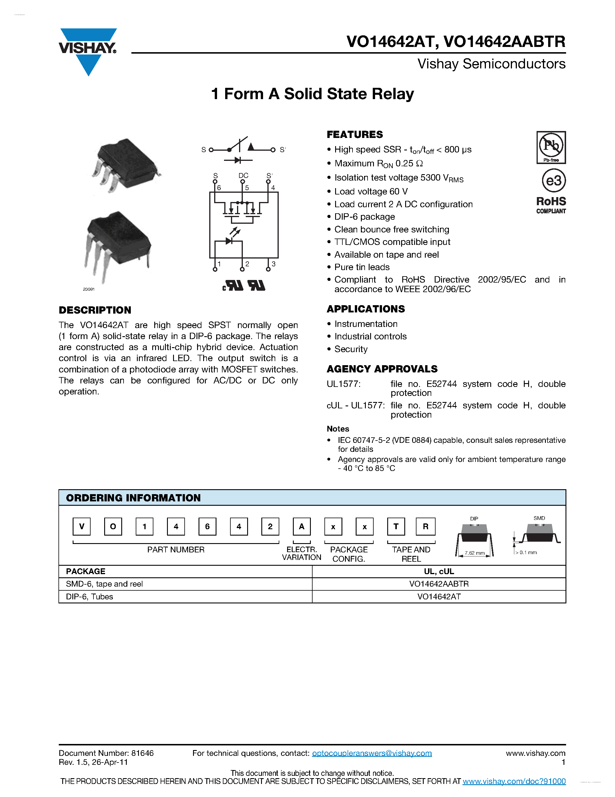 Даташит VO14642AABTR - 1 Form A Solid State Relay страница 1