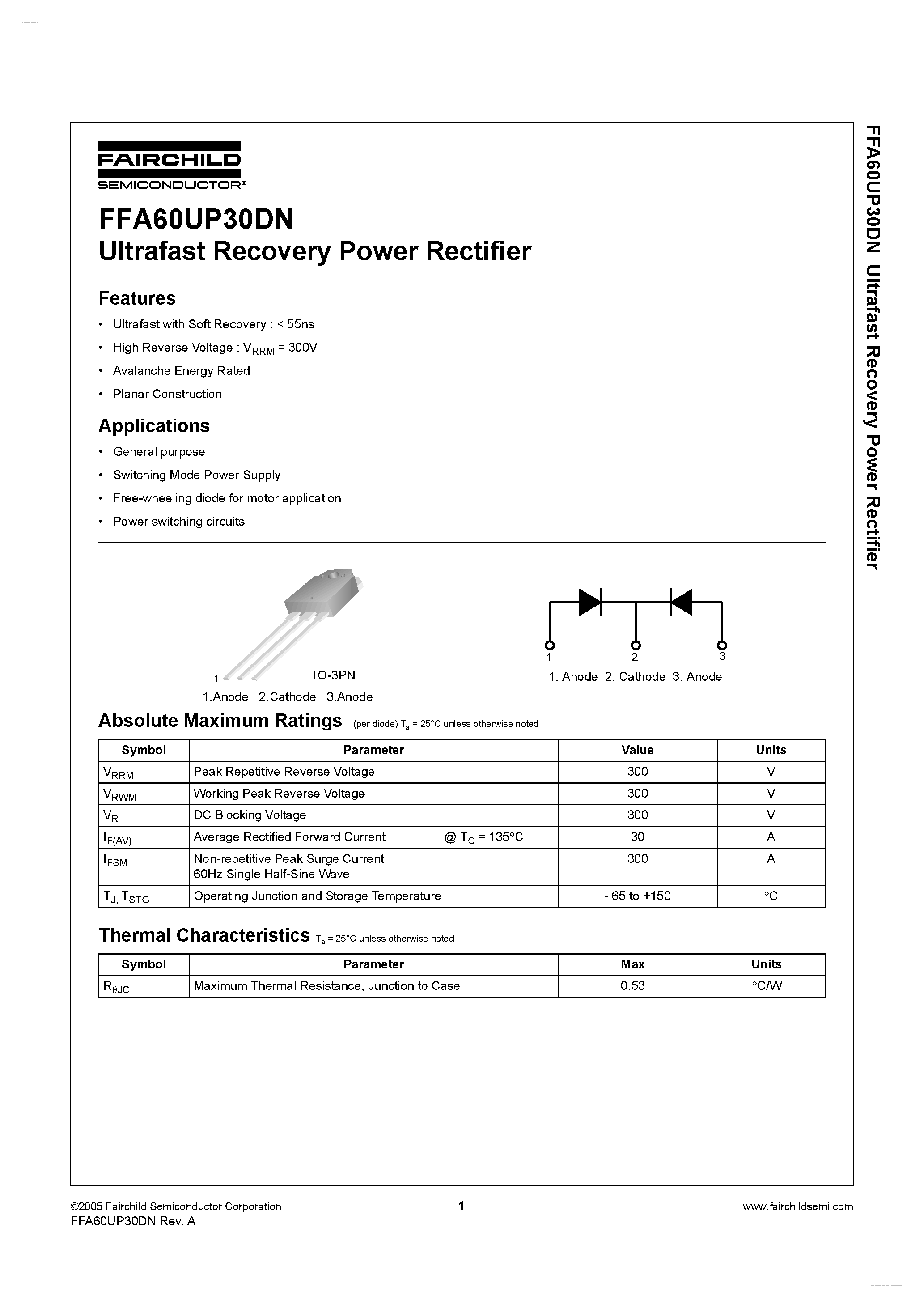 Datasheet FFAF60UP30DN - Ultrafast Recovery Power Rectifier page 1