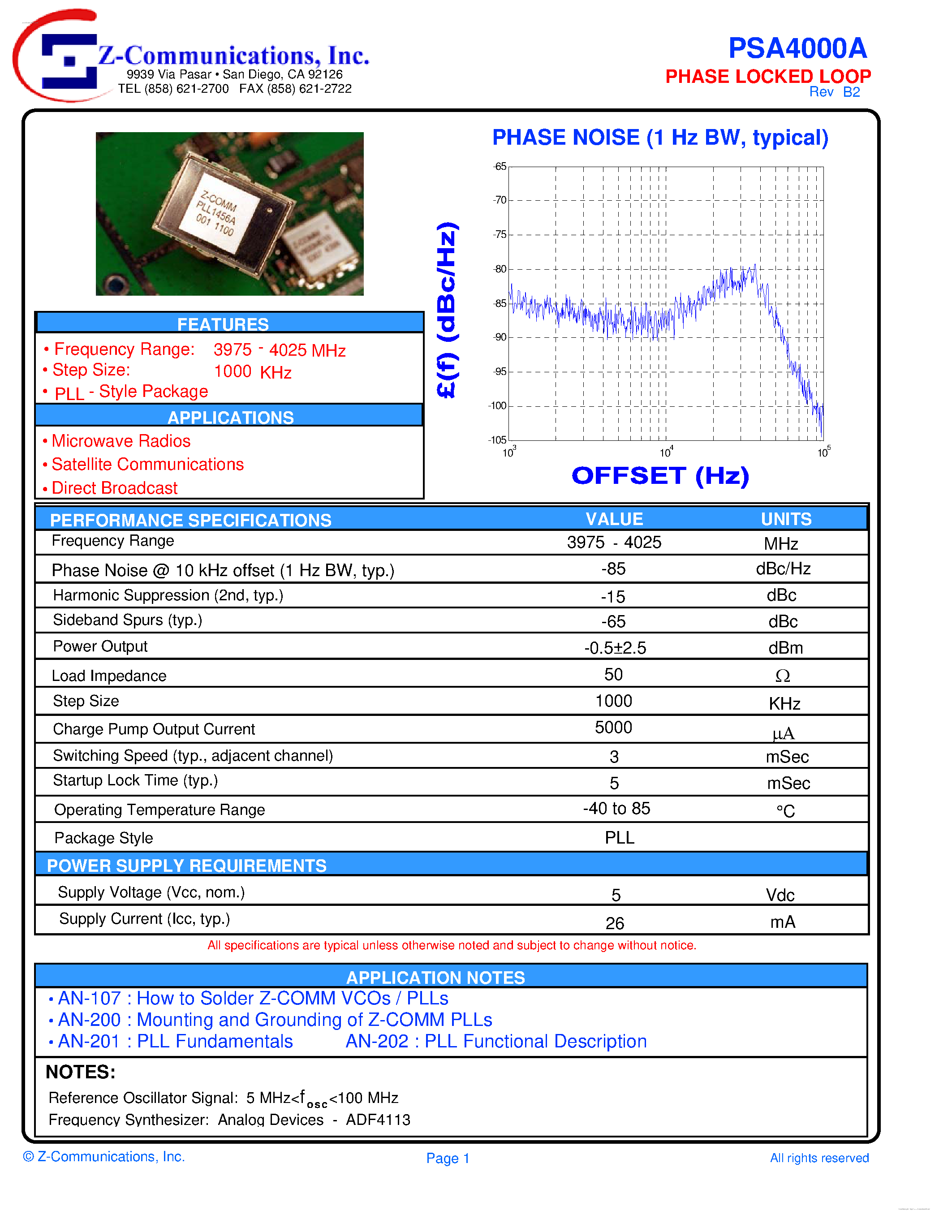 Даташит на микросхему PSA4000A страница 1 Даташит PSA4000A - HIGH PERFORMANCE PHASE LOCKED LOOP страница 1