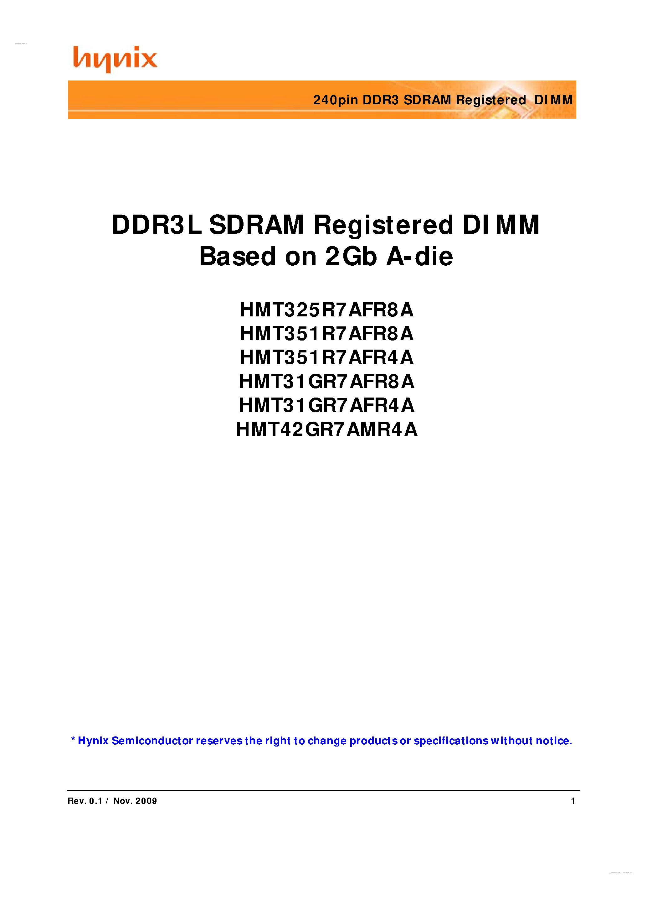Даташит на микросхему HMT31GR7AFR4A страница 1 Даташит HMT31GR7AFR4A - 240pin DDR3 SDRAM Registered DIMM страница 1