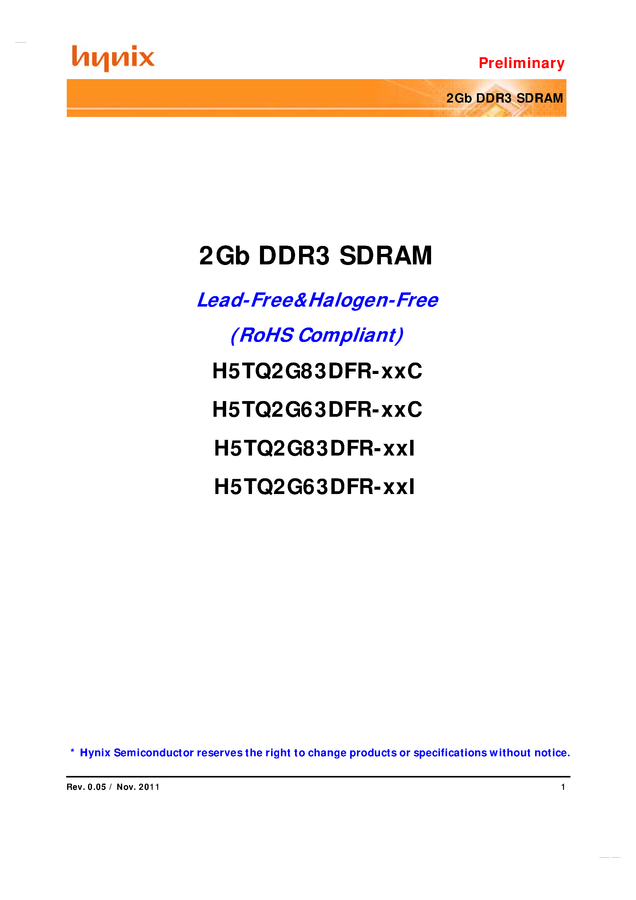 Даташит на микросхему H5TQ2G63DFR-xxC страница 1 Даташит H5TQ2G63DFR-xxC - 2Gb DDR3 SDRAM страница 1
