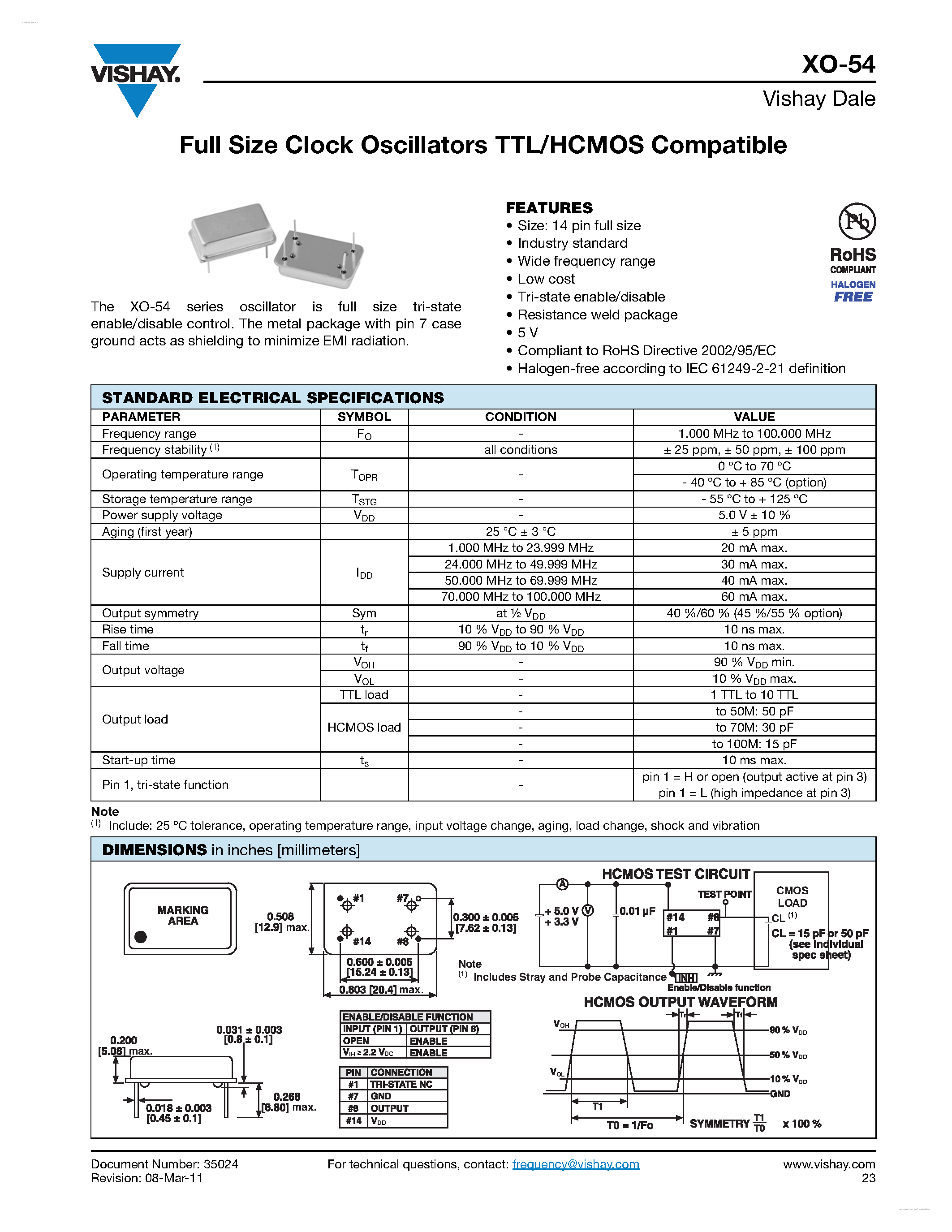 Даташит XO-54 - Full Size Clock Oscillators TTL/HCMOS Compatible страница 1