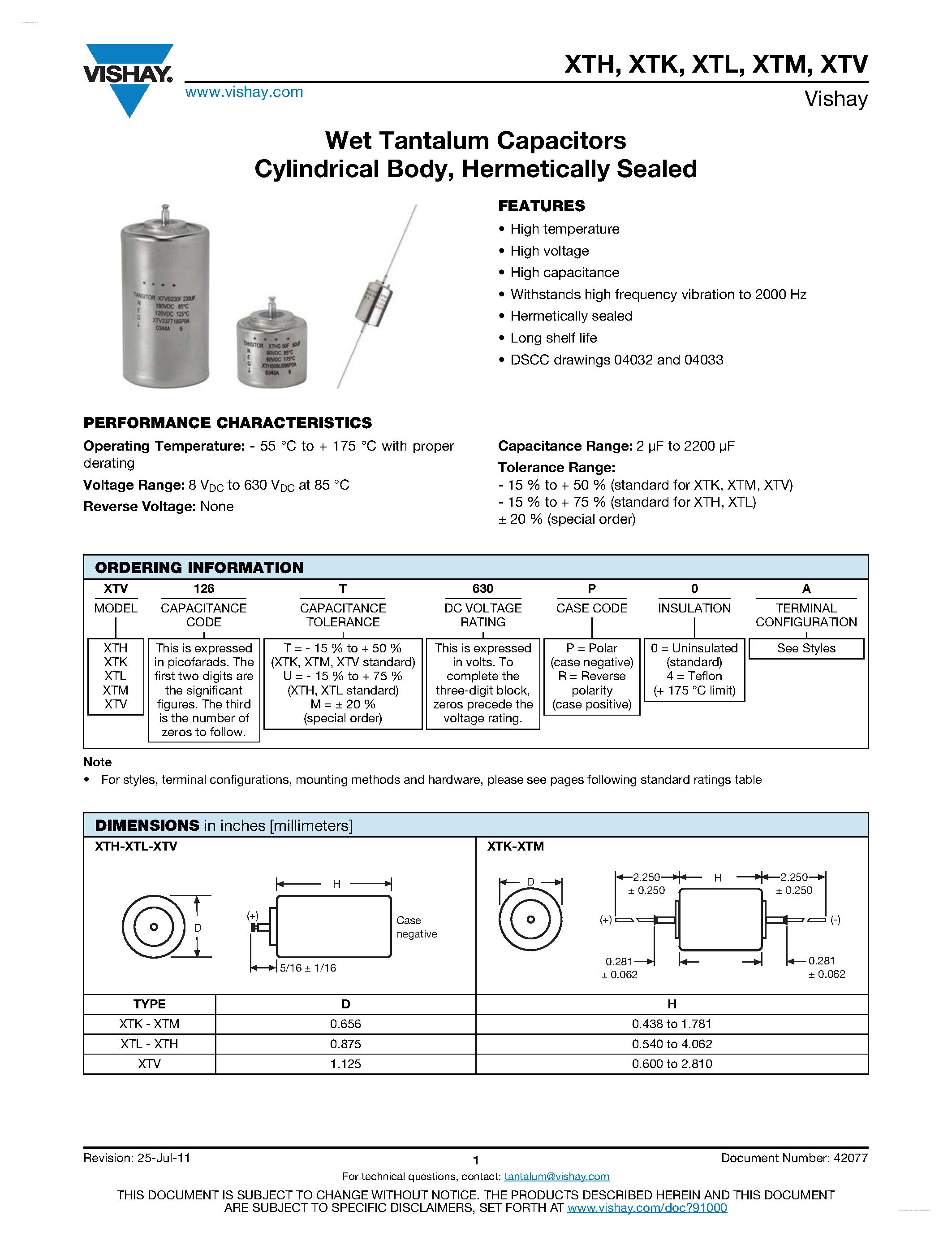 Даташит XTM - Wet Tantalum Capacitors страница 1