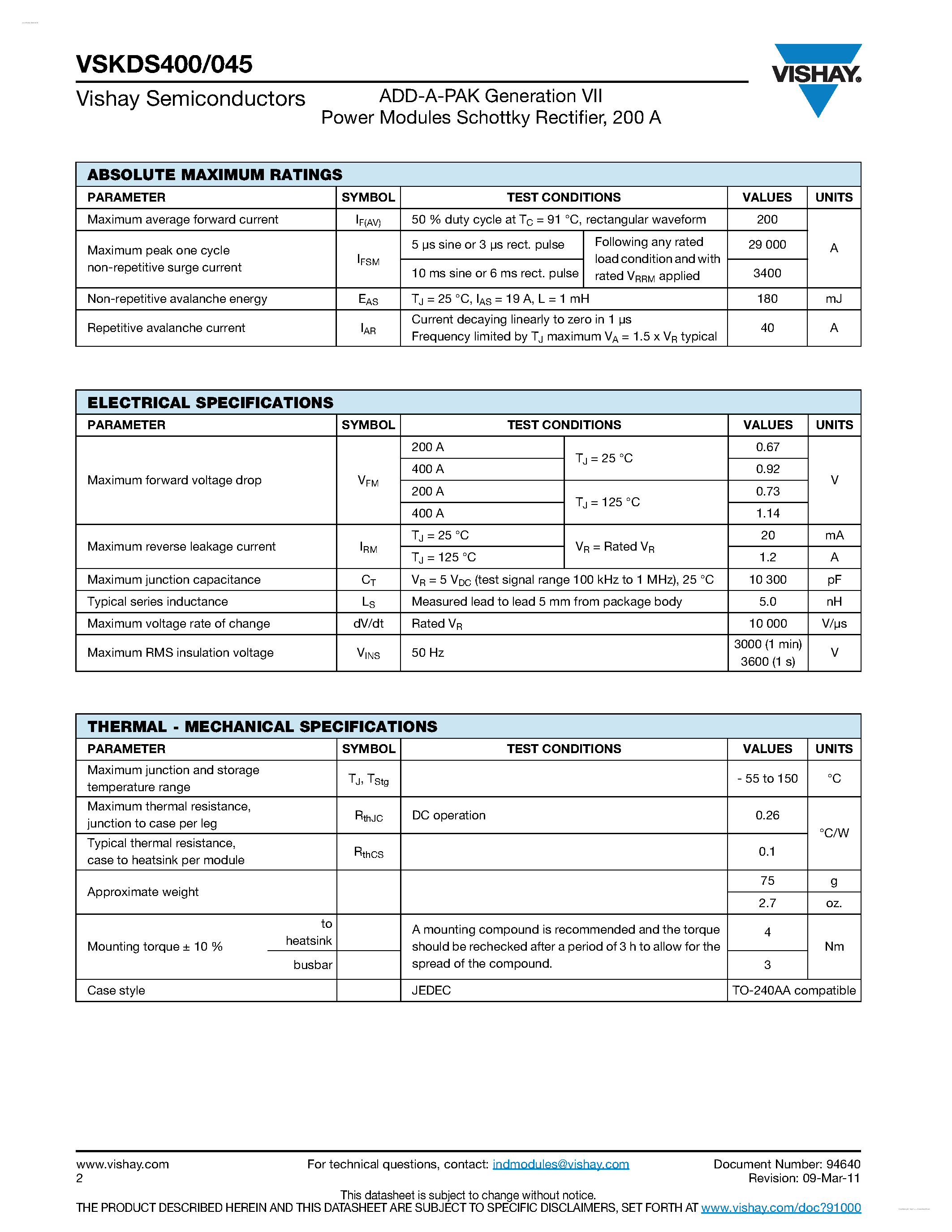 Datasheet VSKDS400/045 - ADD-A-PAK Generation VII page 2