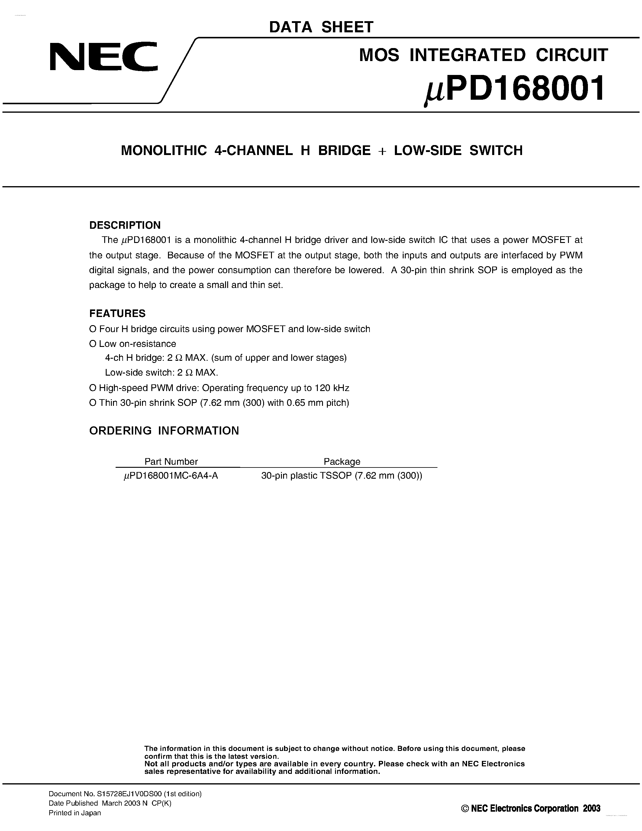 Datasheet UPD168001 - MONOLITHIC 4-CHANNEL H BRIDGE LOW-SIDE SWITCH page 1
