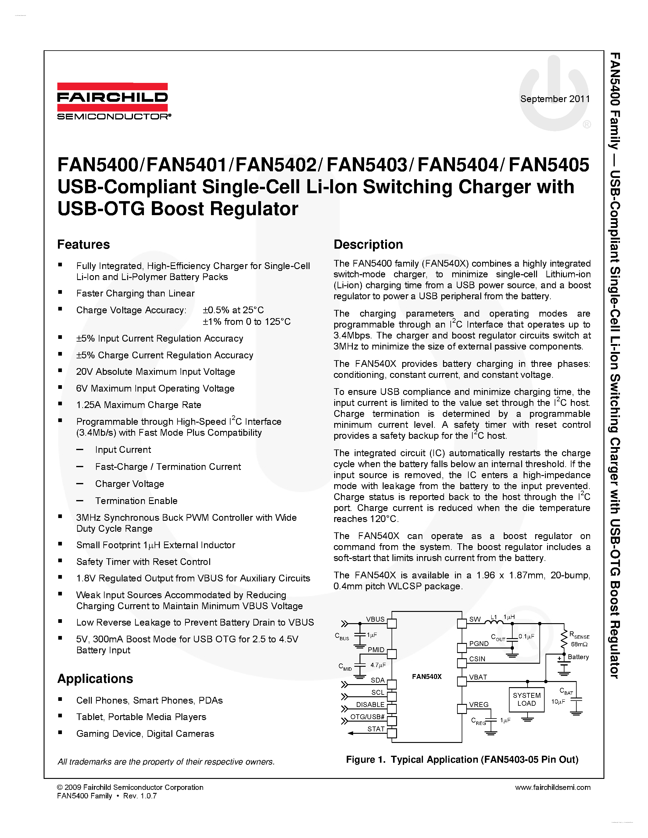 Datasheet FAN5400 - (FAN5401 - FAN5405) USB-Compliant Single-Cell Li-Ion Switching Charger page 1