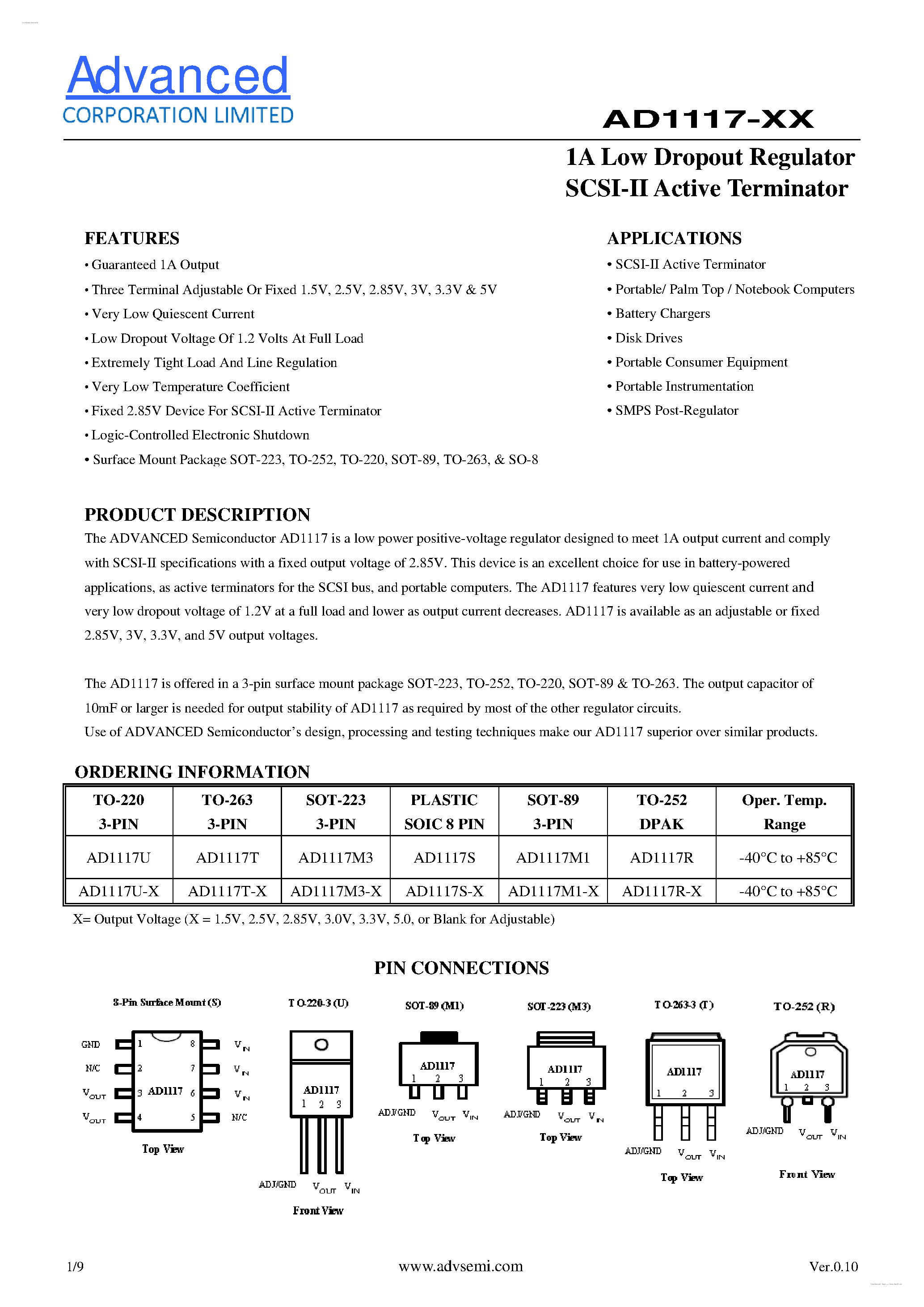 Datasheet AD1117 - 1A Low Dropout Regulator SCSI-II Acrive Treminator page 1