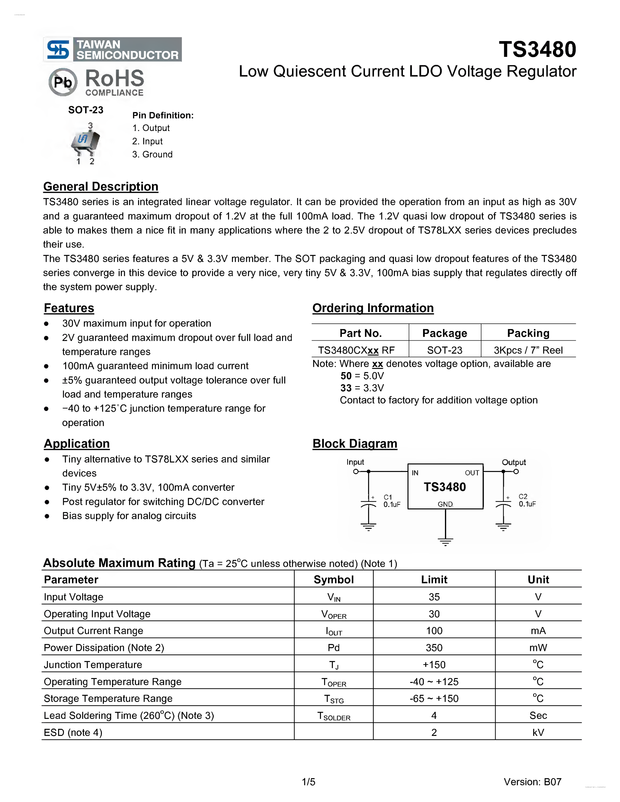 Даташит TS3480 - Low Quiescent Current LDO Voltage Regulator страница 1