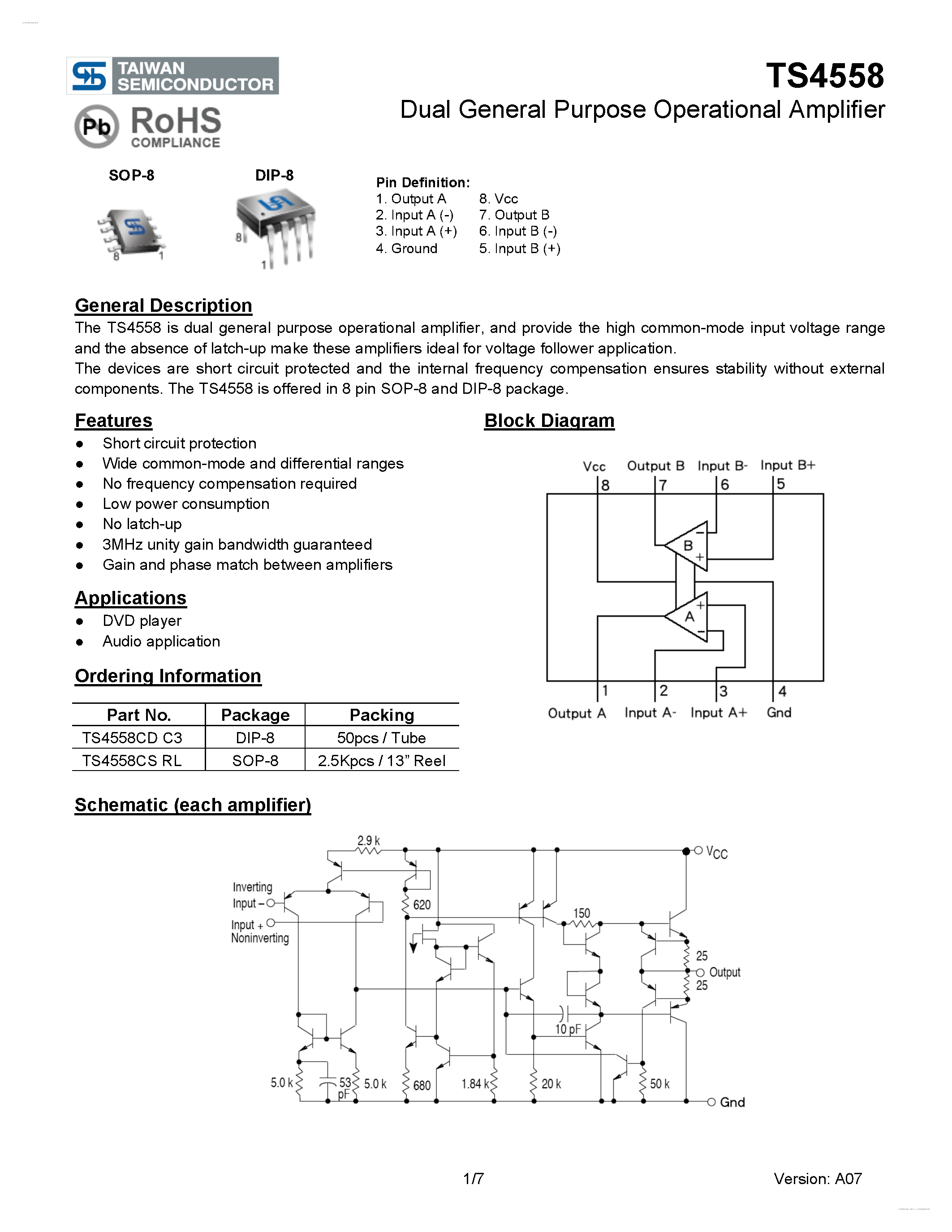 Datasheet TS4558 - Dual General Purpose Operational Amplifier page 1