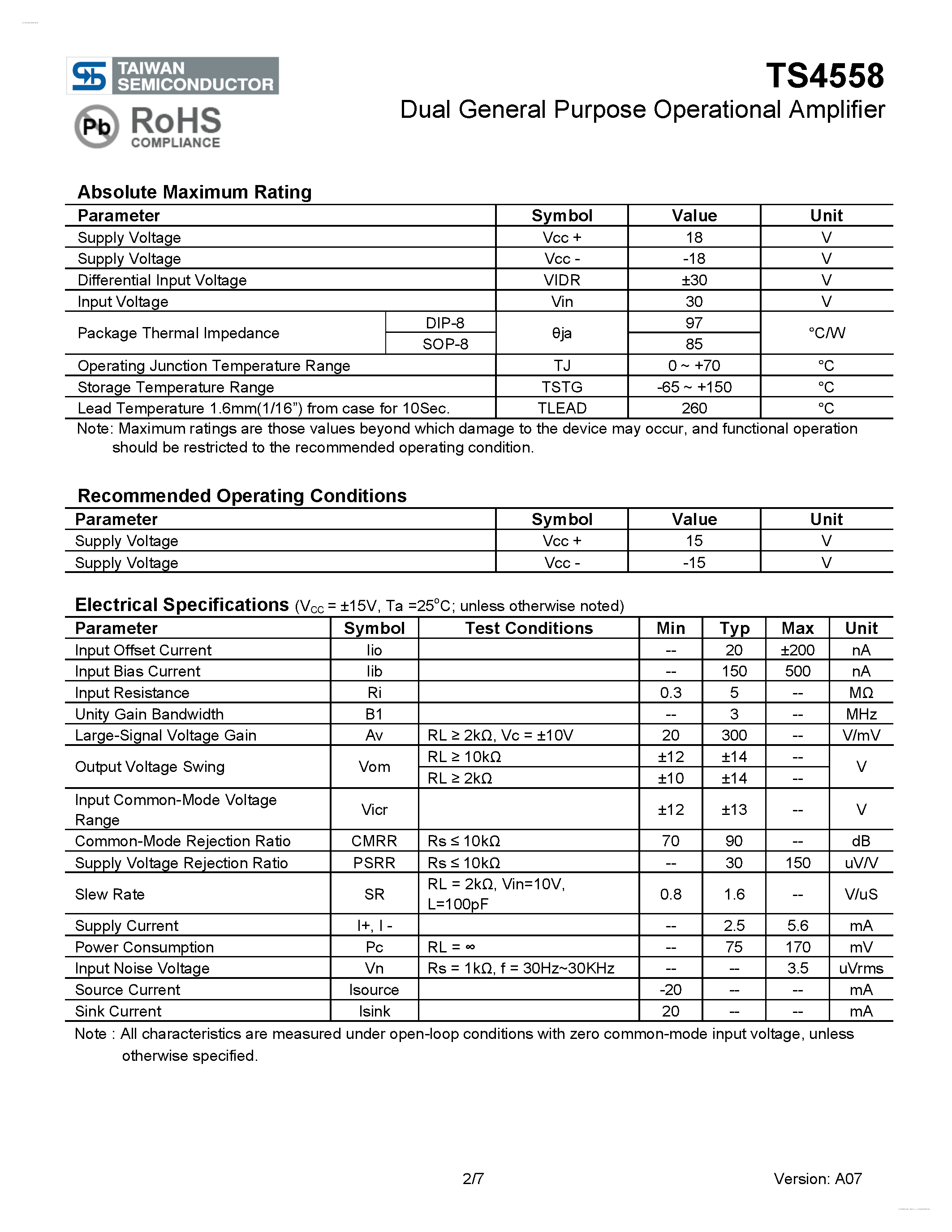 Datasheet TS4558 - Dual General Purpose Operational Amplifier page 2