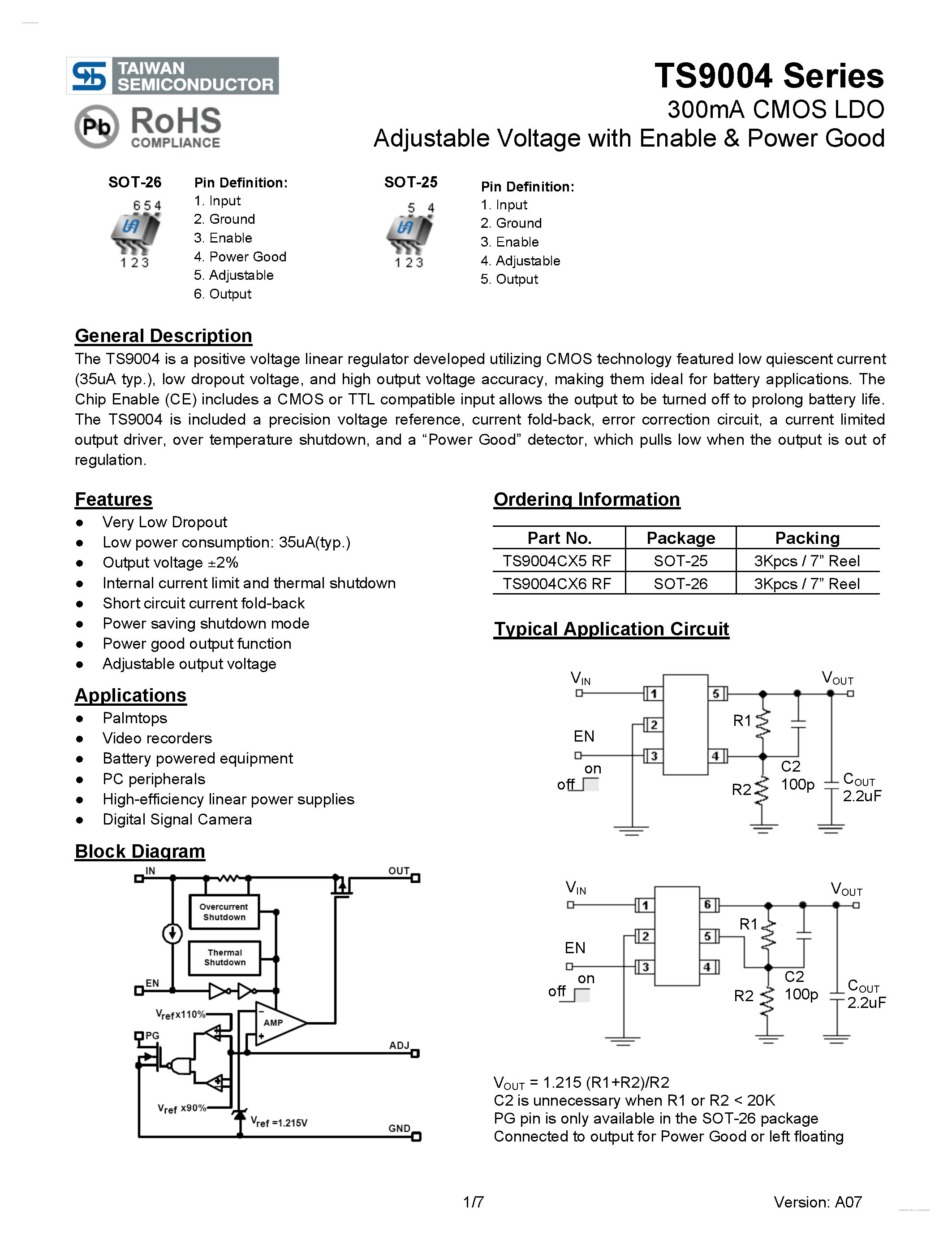 Даташит TS9004 - 300mA CMOS LDO Adjustable Voltage страница 1