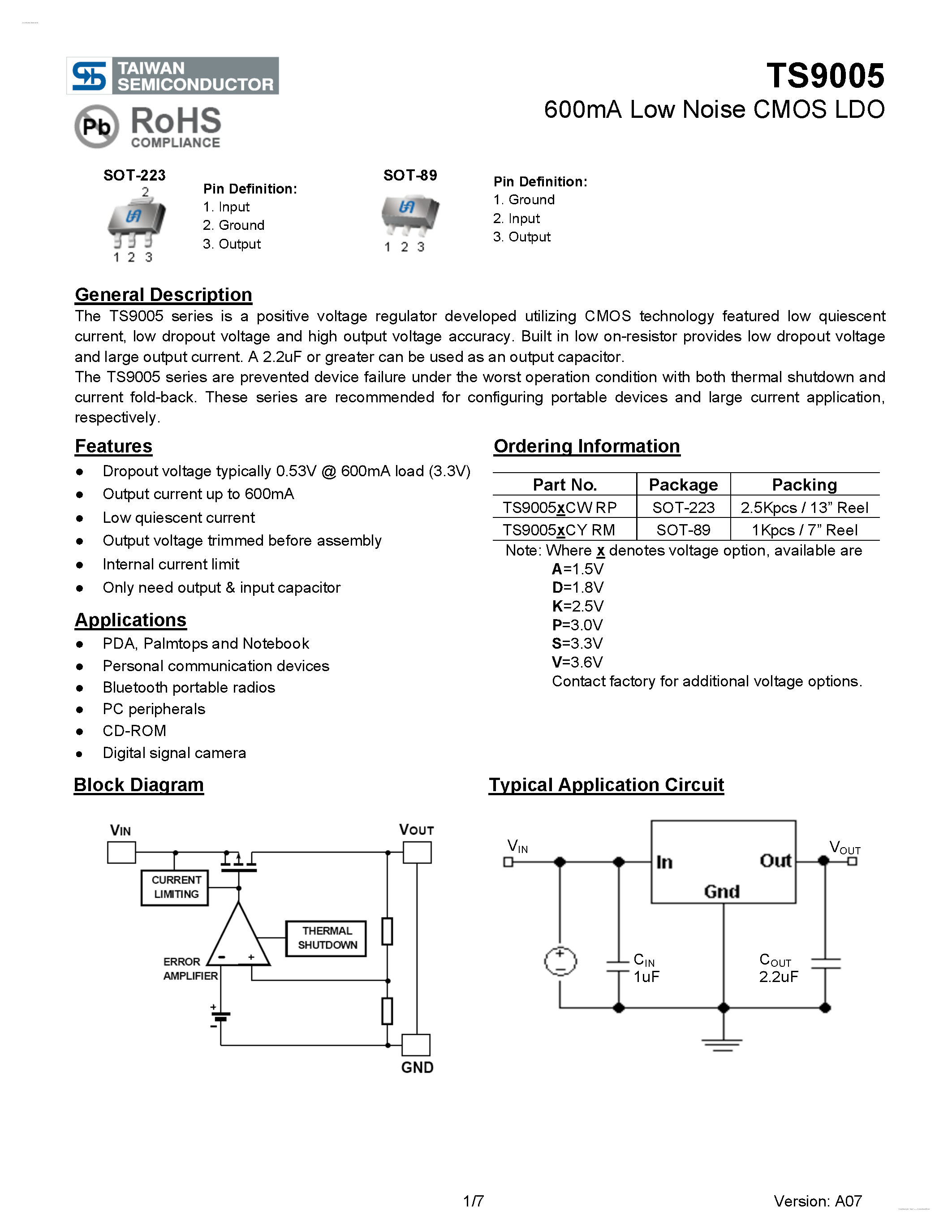 Даташит TS9005 - 600mA Low Noise CMOS LDO страница 1