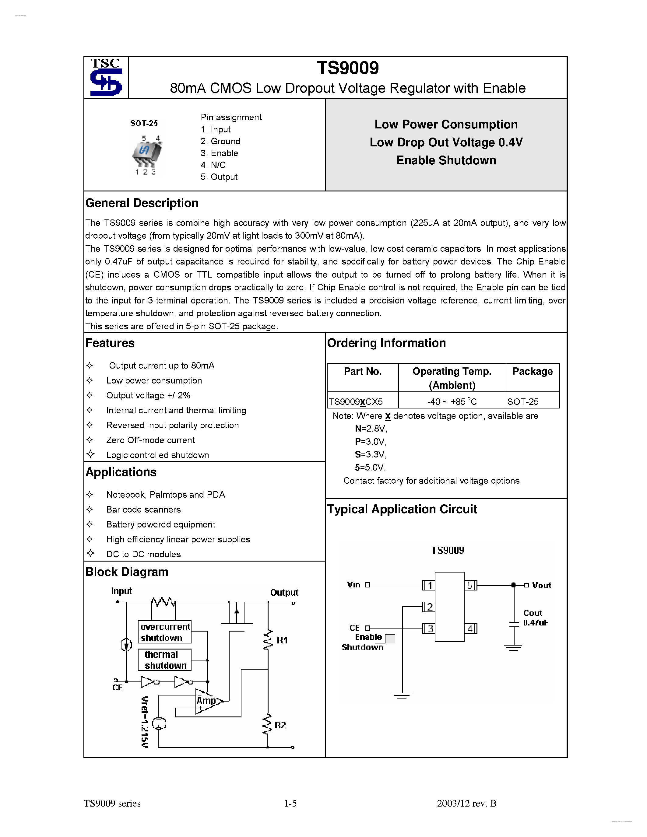Datasheet TS9009 - 80mA CMOS Low Dropout Voltage Regulator page 1