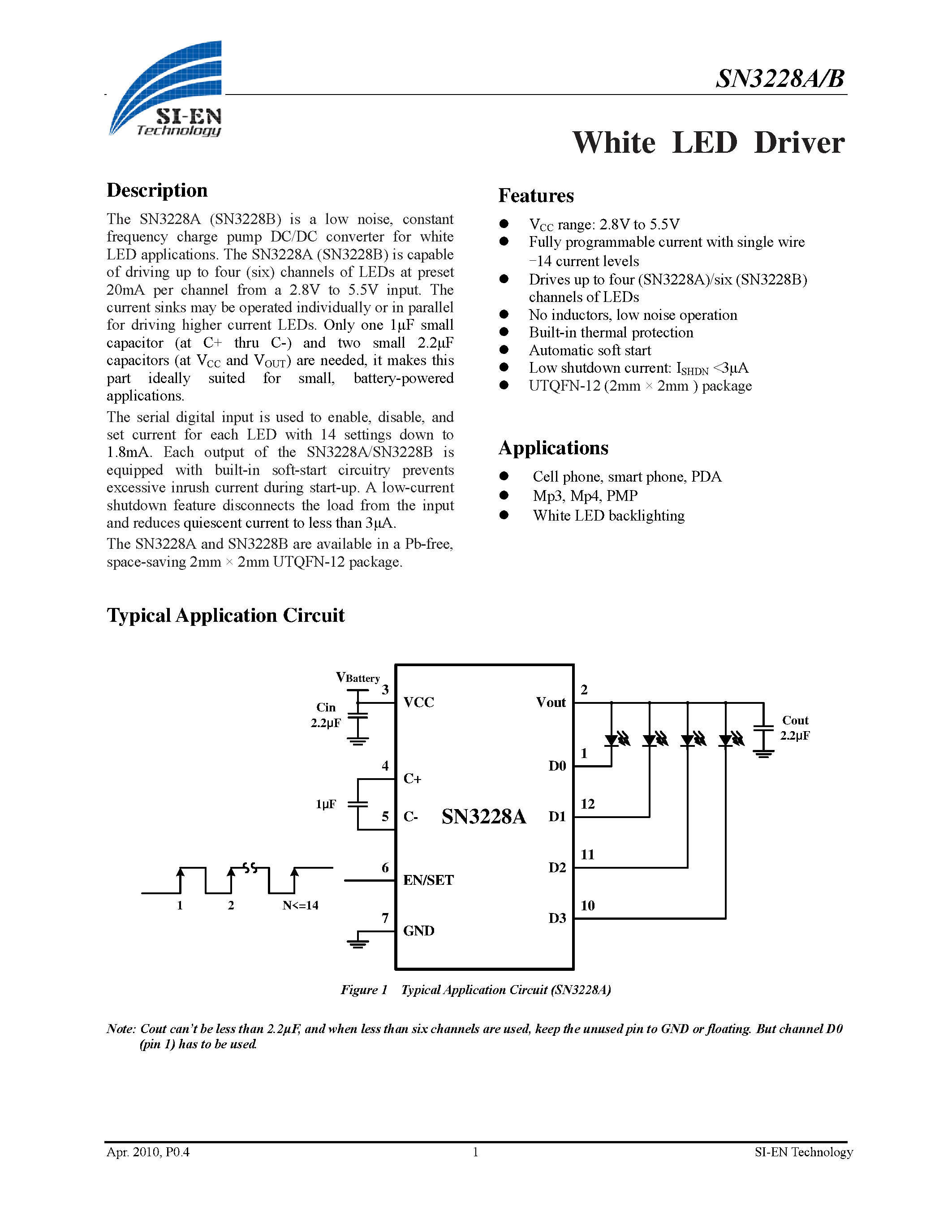 Datasheet SN3228A - (SN3228A/B) White LED Driver page 1