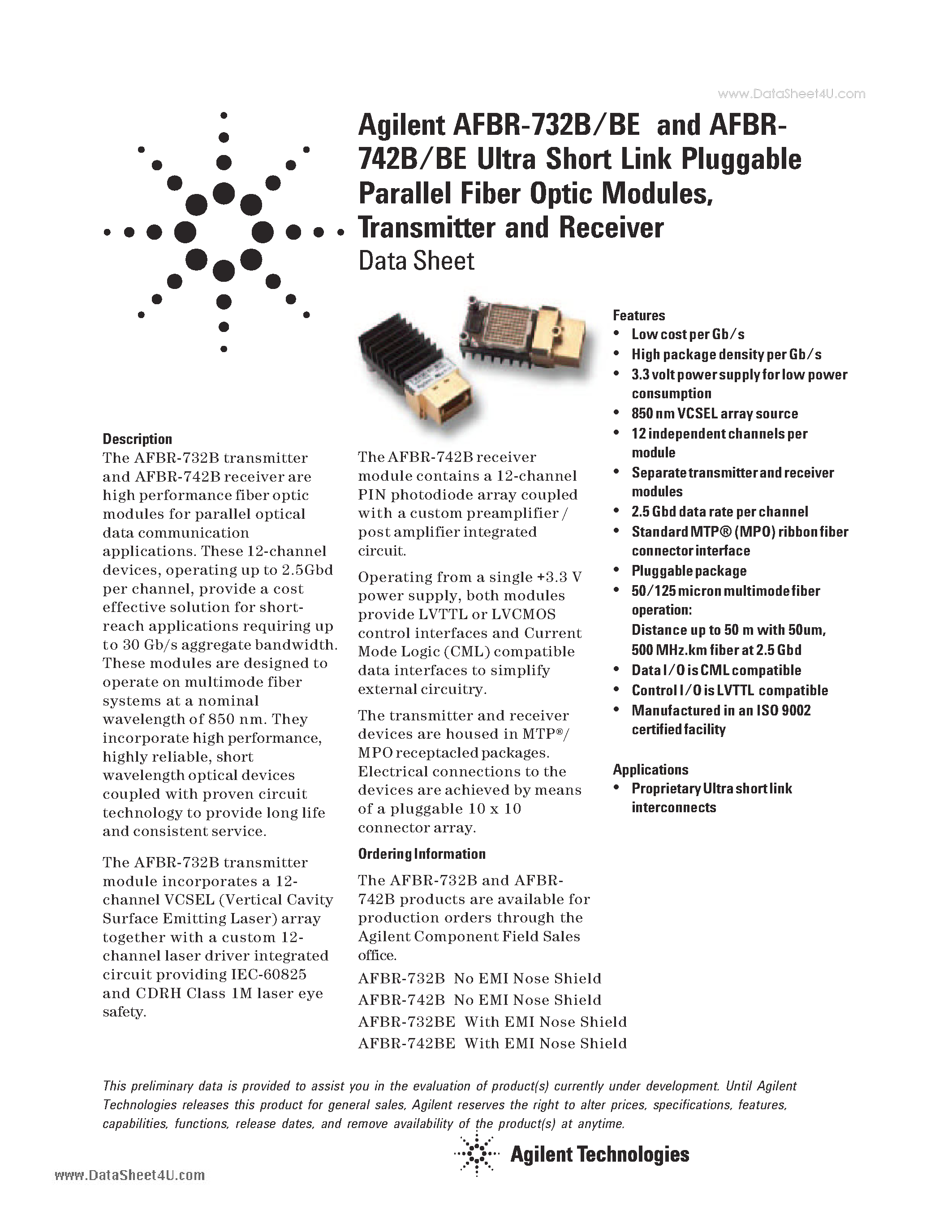 Даташит AFBR-732B - Ultra Short Link Pluggable Parallel Fiber Optic Modules страница 1