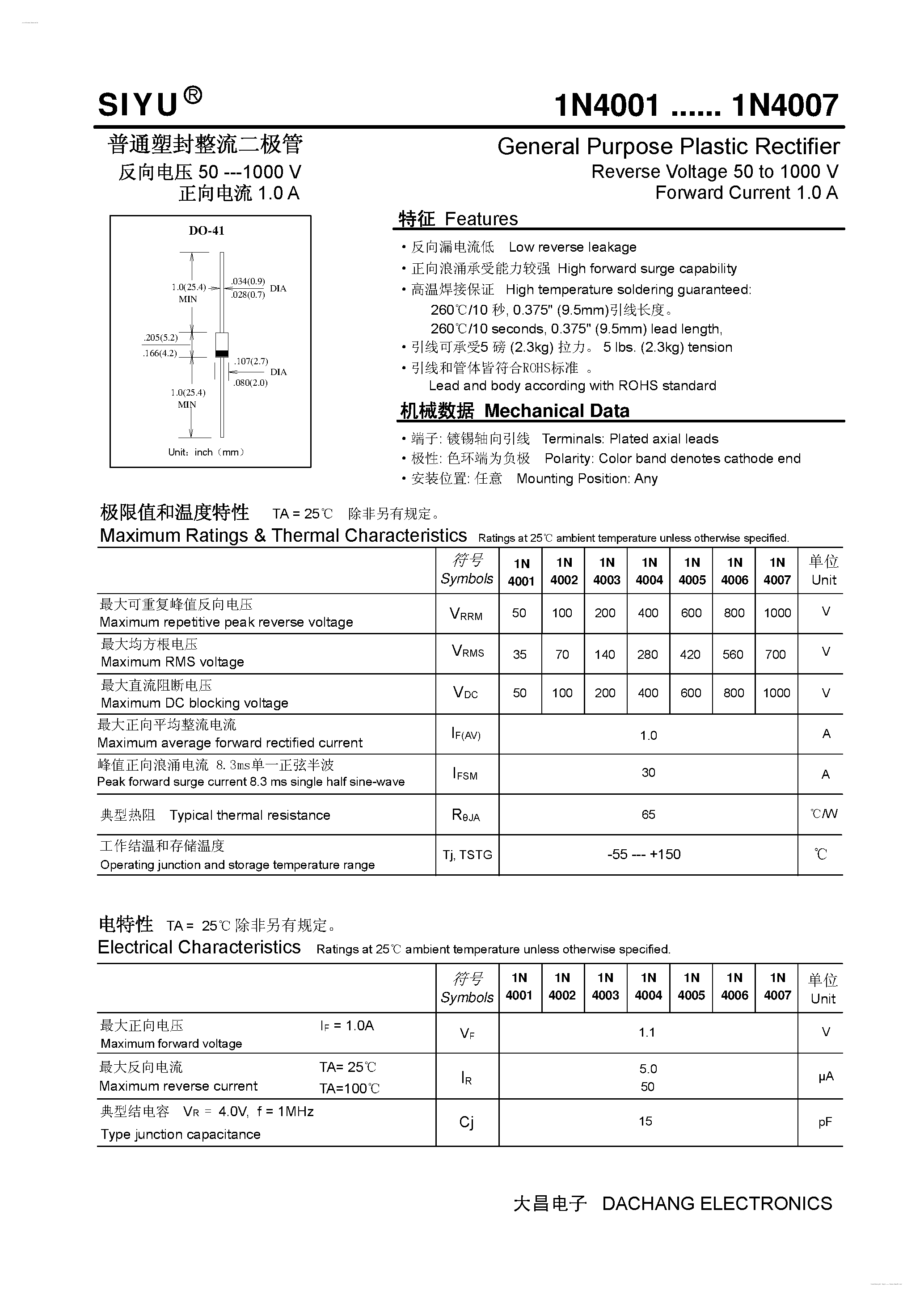 Datasheet 1N4001 - (1N4001 - 1N4007) General Purpose Plastic Rectifier page 1