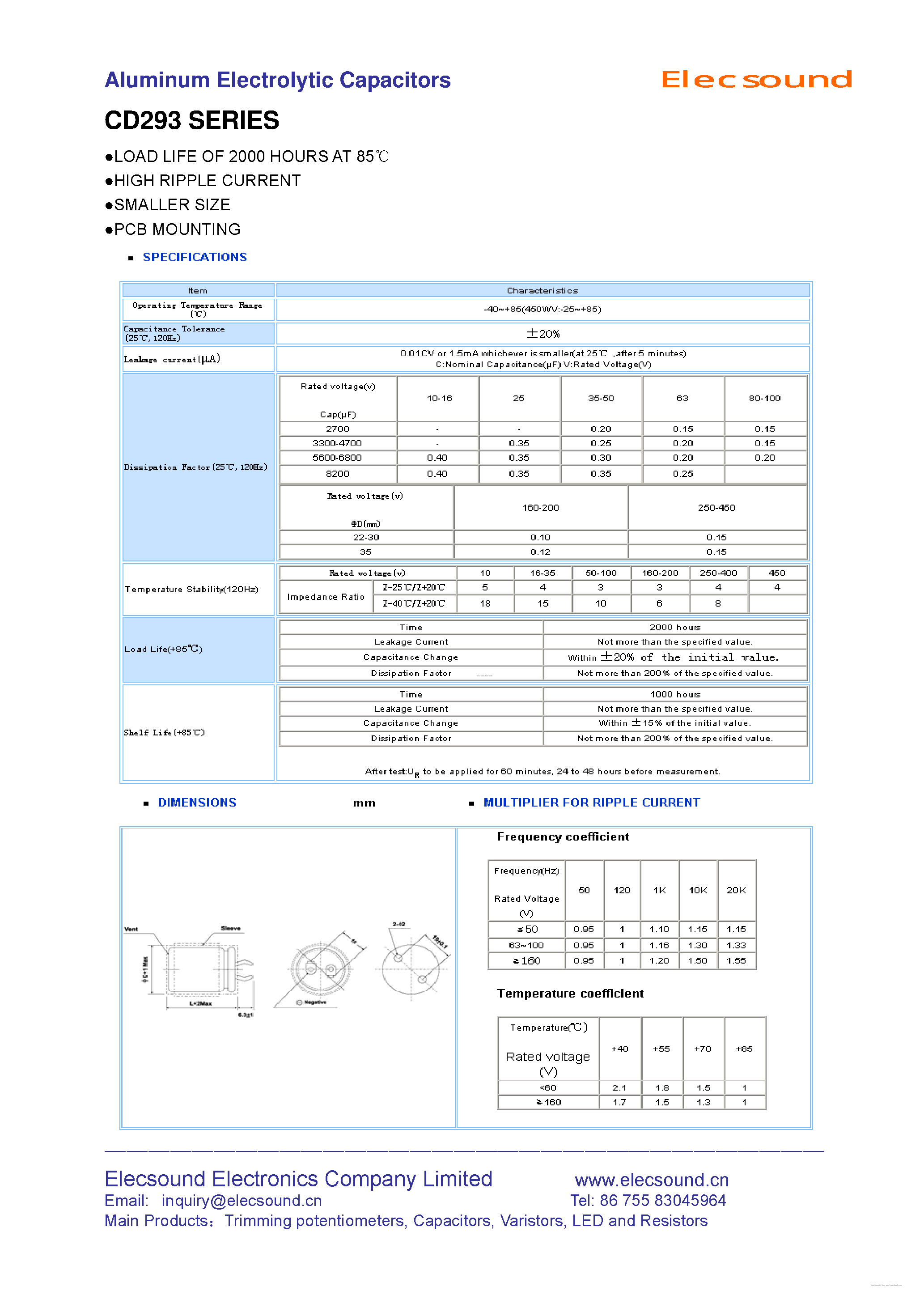 Даташит CD293 - Aluminum Electrolytic Capacitors страница 1