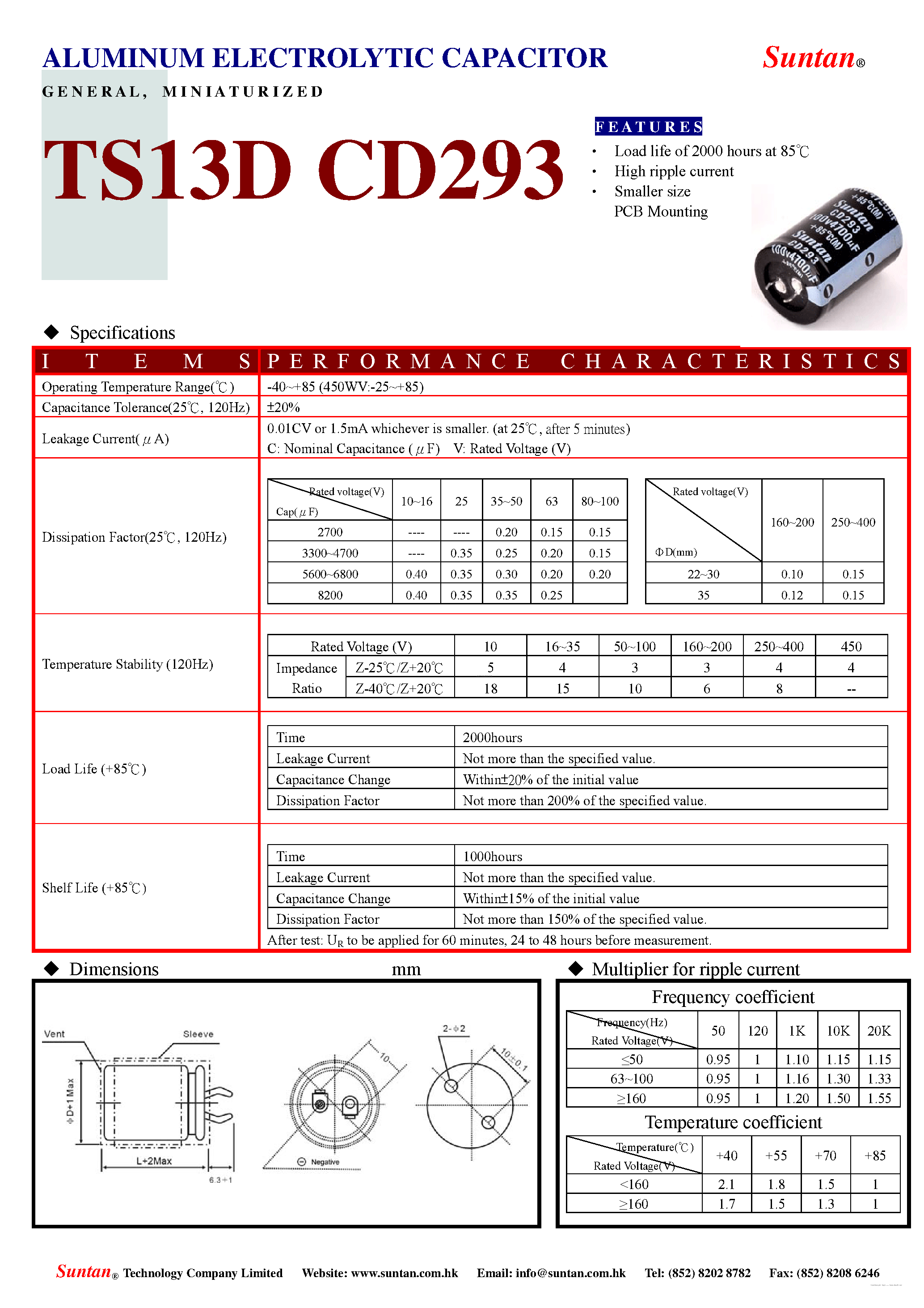 Даташит CD293 - ALUMINUM ELECTROLYTIC CAPACITOR страница 1