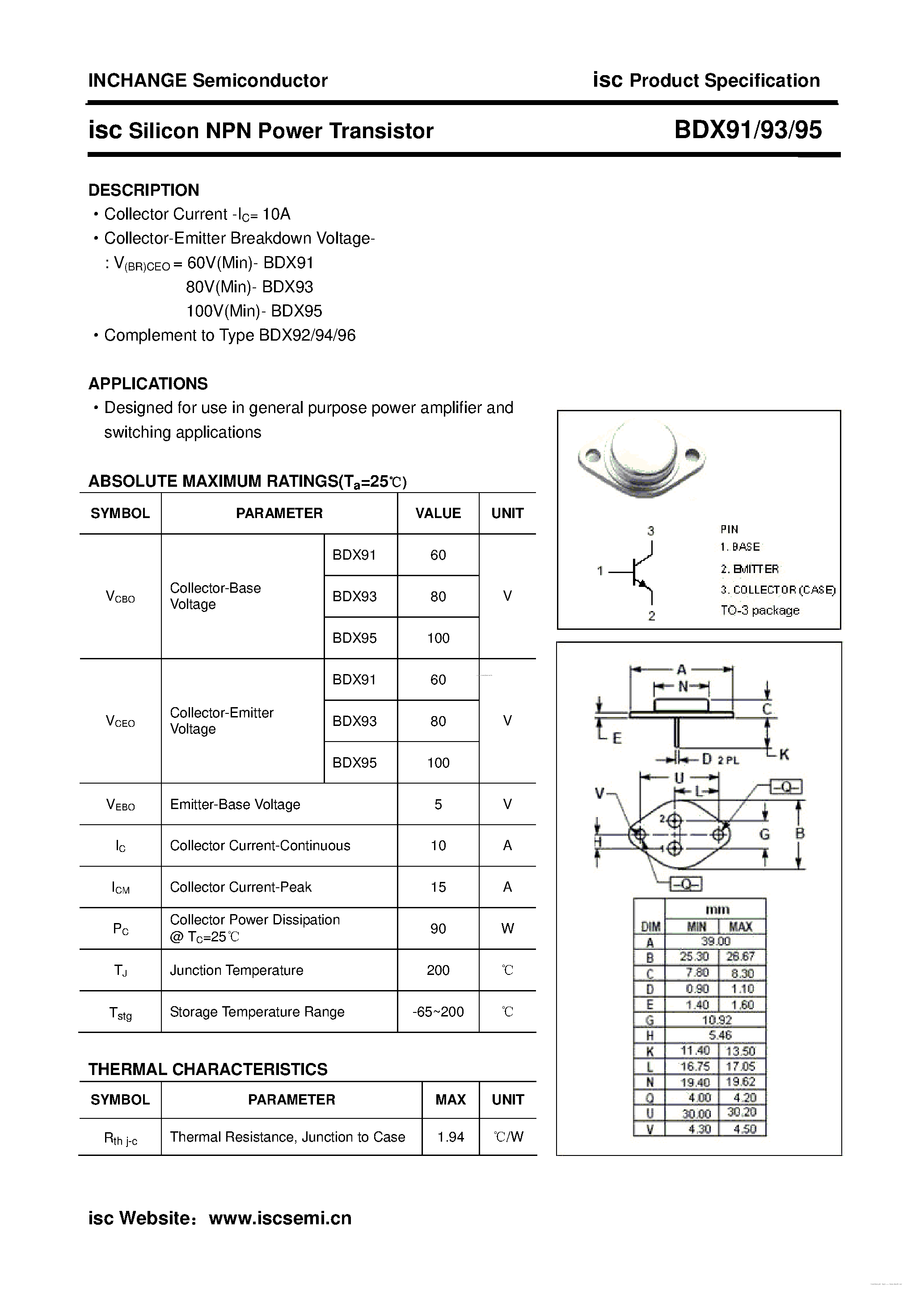 Даташит BDX91 - (BDX91 - BDX95) Silicon NPN Power Transistor страница 1