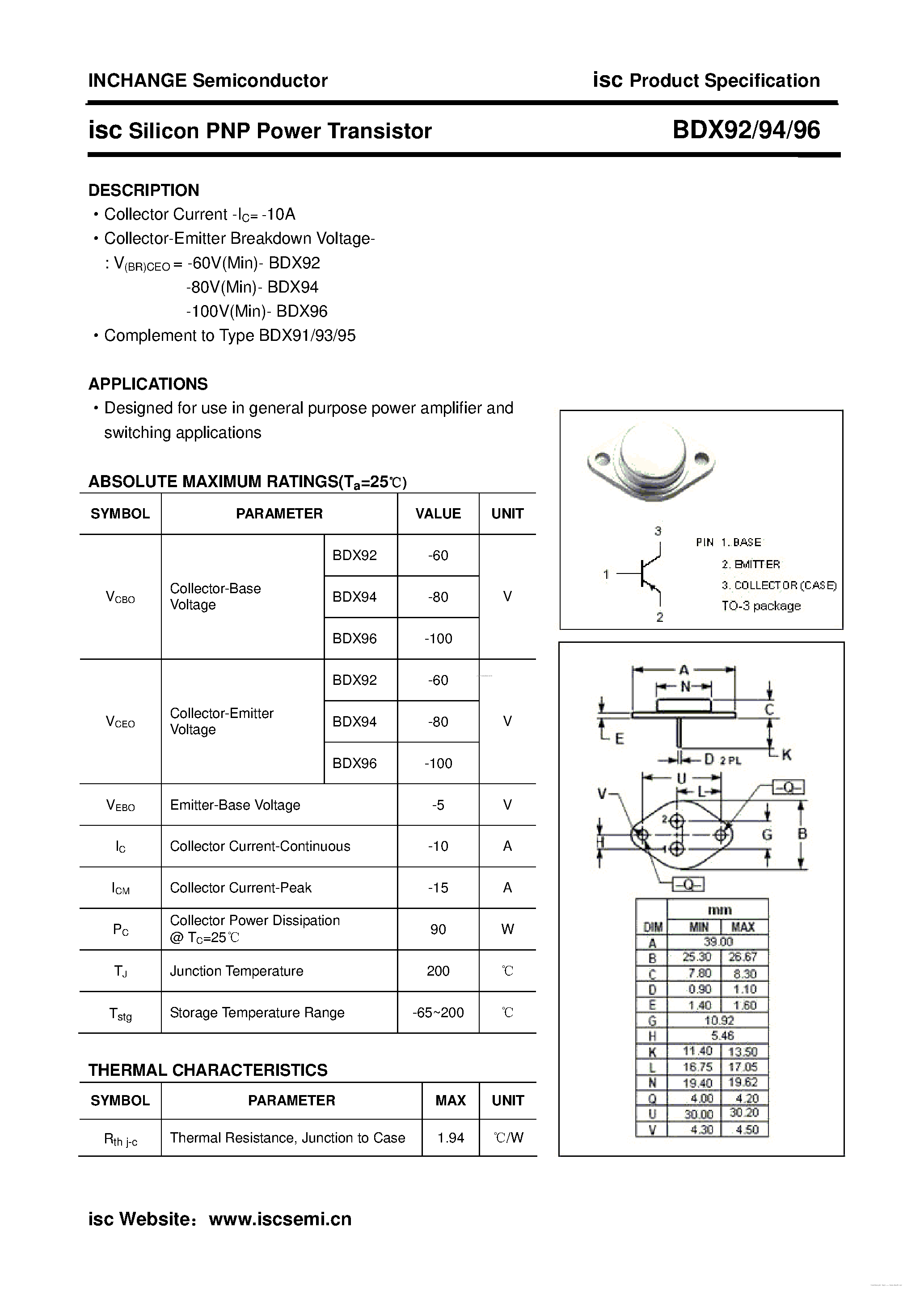 Datasheet BDX92 - (BDX92 - BDX96) Silicon PNP Power Transistor page 1